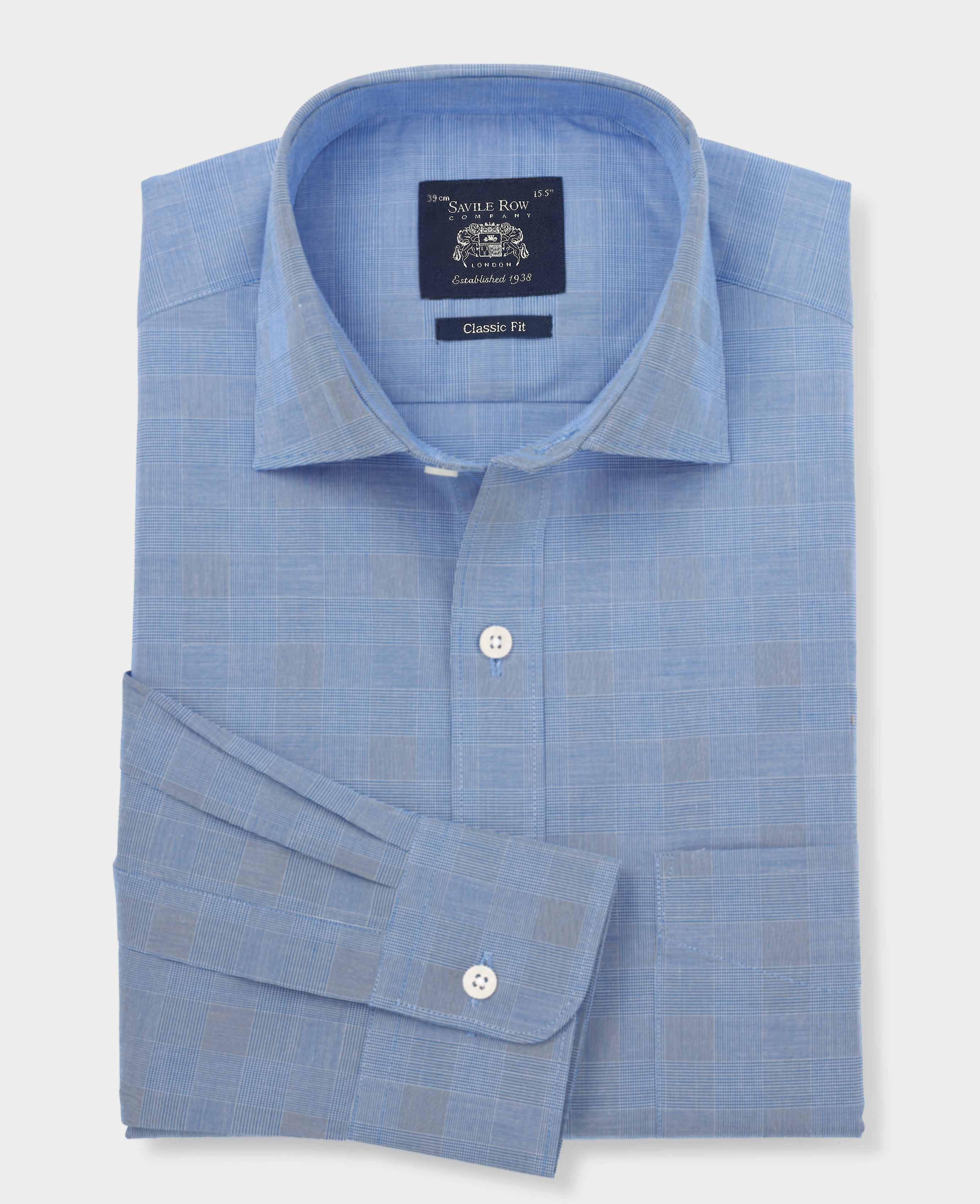 Navy Cotton Prince of Wales Check Classic Fit Formal Shirt - Single Cuff - Image 8