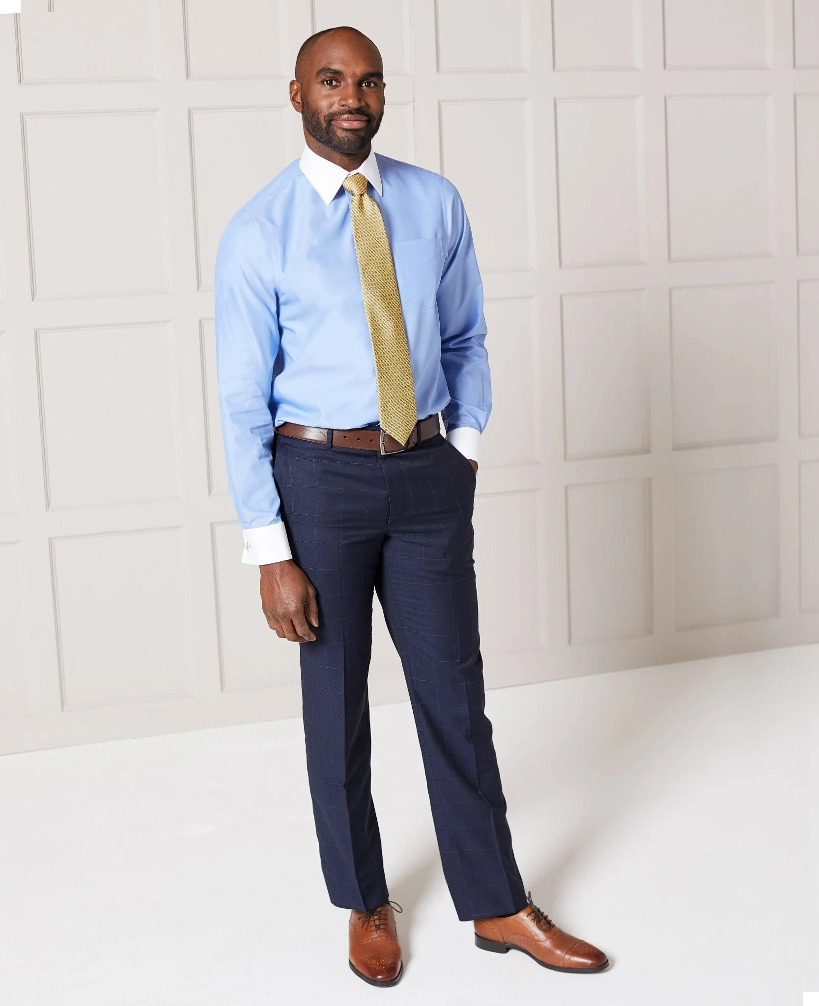 Navy Fine Windowpane Check Tailored Suit Trousers - Image 5