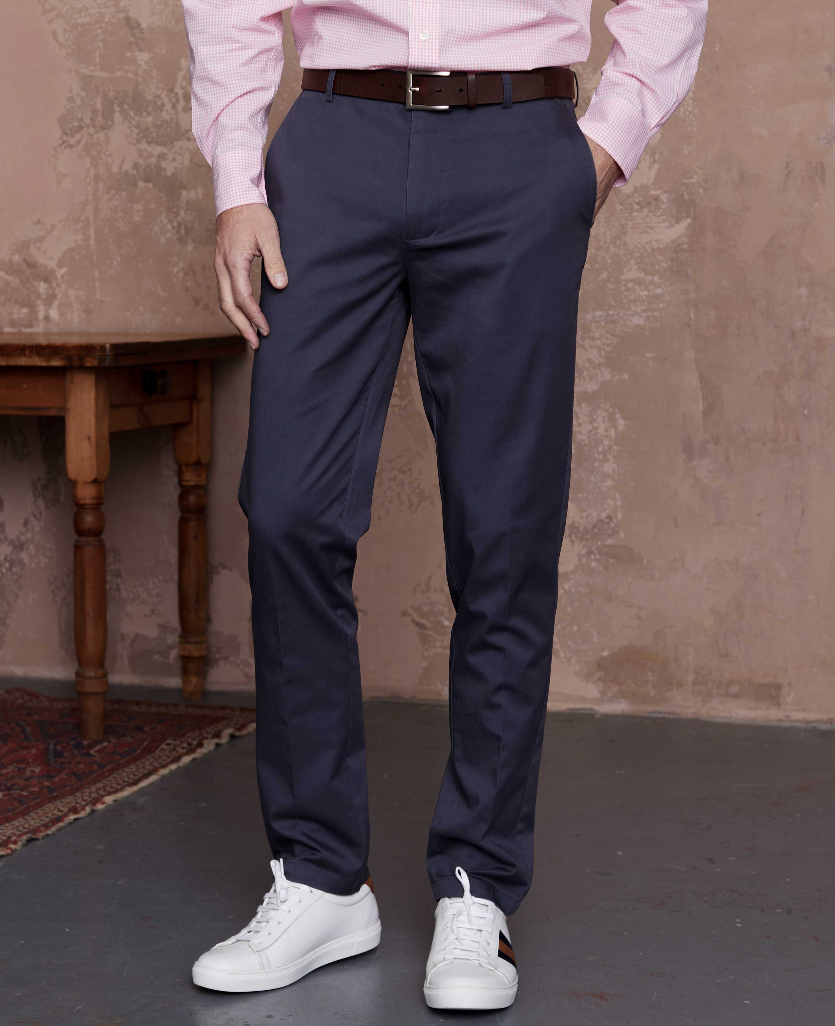 Navy Stretch Cotton Classic Fit Flat Front Chinos - Image 8