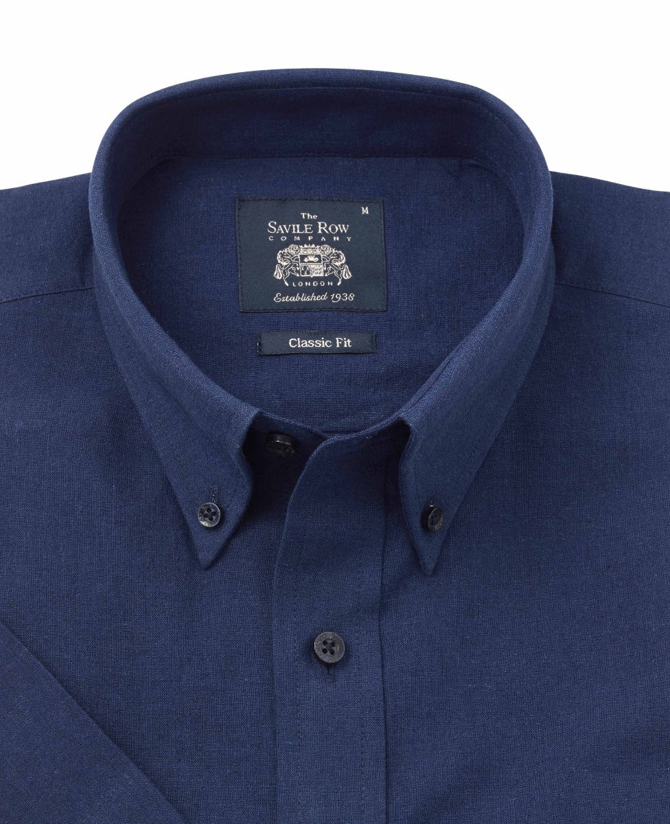 Navy Linen-Blend Classic Fit Short Sleeve Shirt [RTC] - Image 3