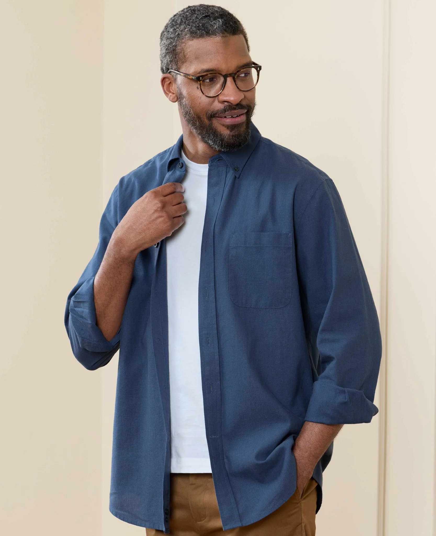 Navy Linen Cotton Classic Fit Button-Down Casual Shirt - Image 3