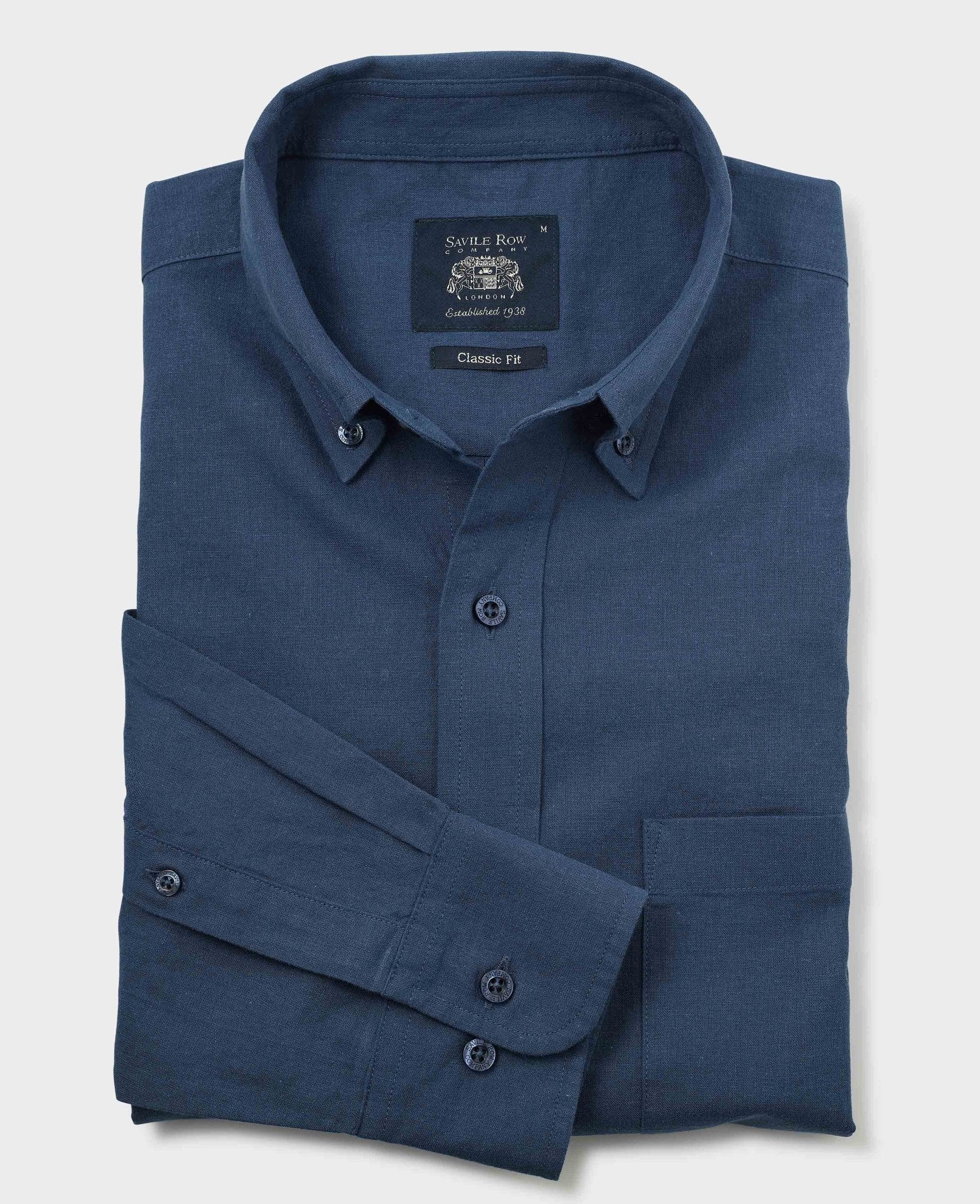 Navy Linen Cotton Classic Fit Button-Down Casual Shirt - Image 4
