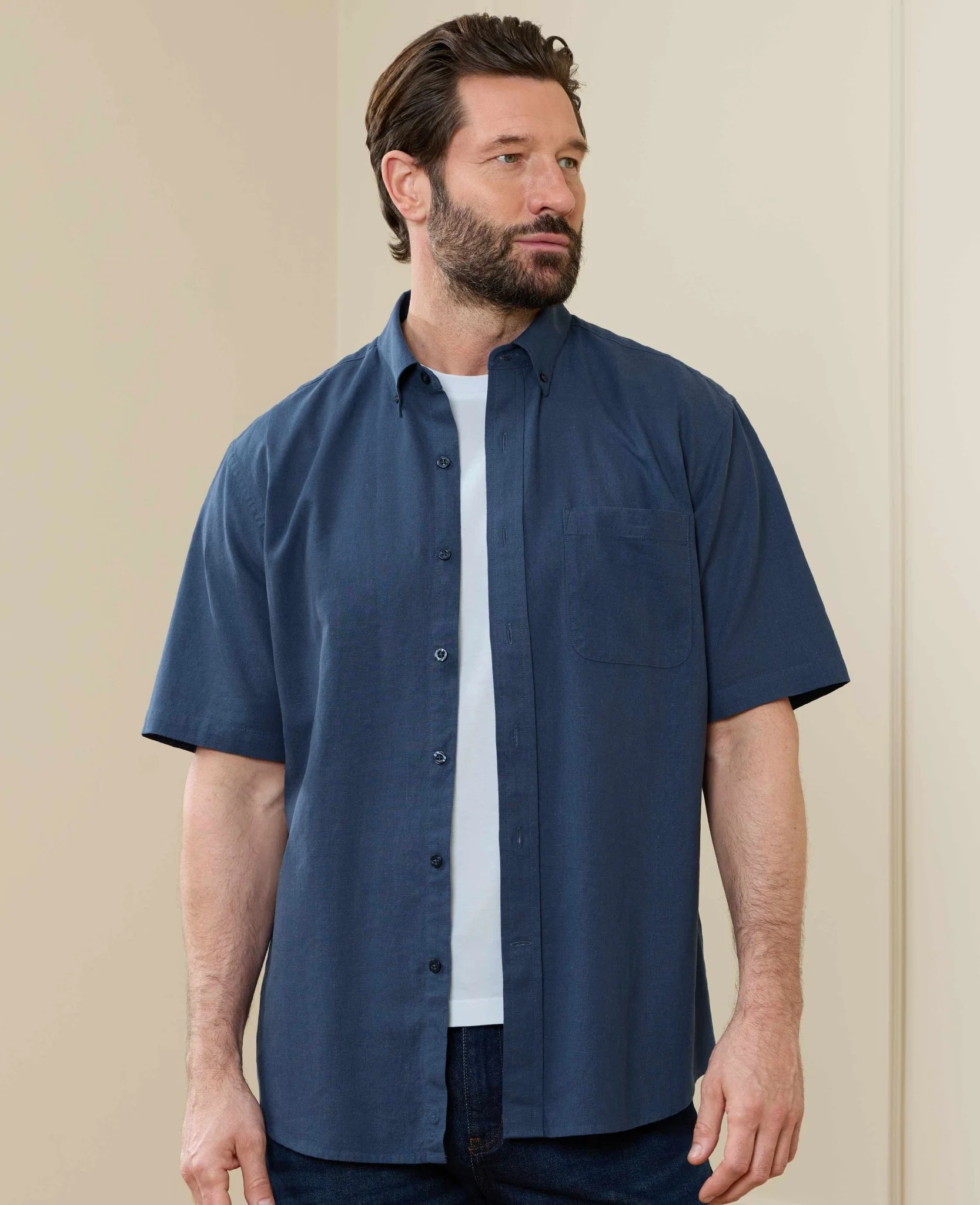 Navy Linen Cotton Classic Fit Button-Down Short Sleeve Casual Shirt - Image 3