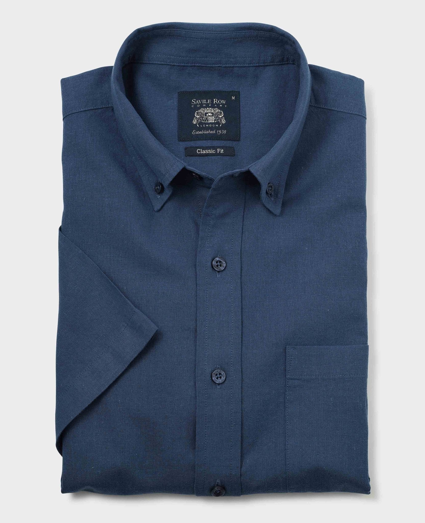 Navy Linen Cotton Classic Fit Button-Down Short Sleeve Casual Shirt - Image 4