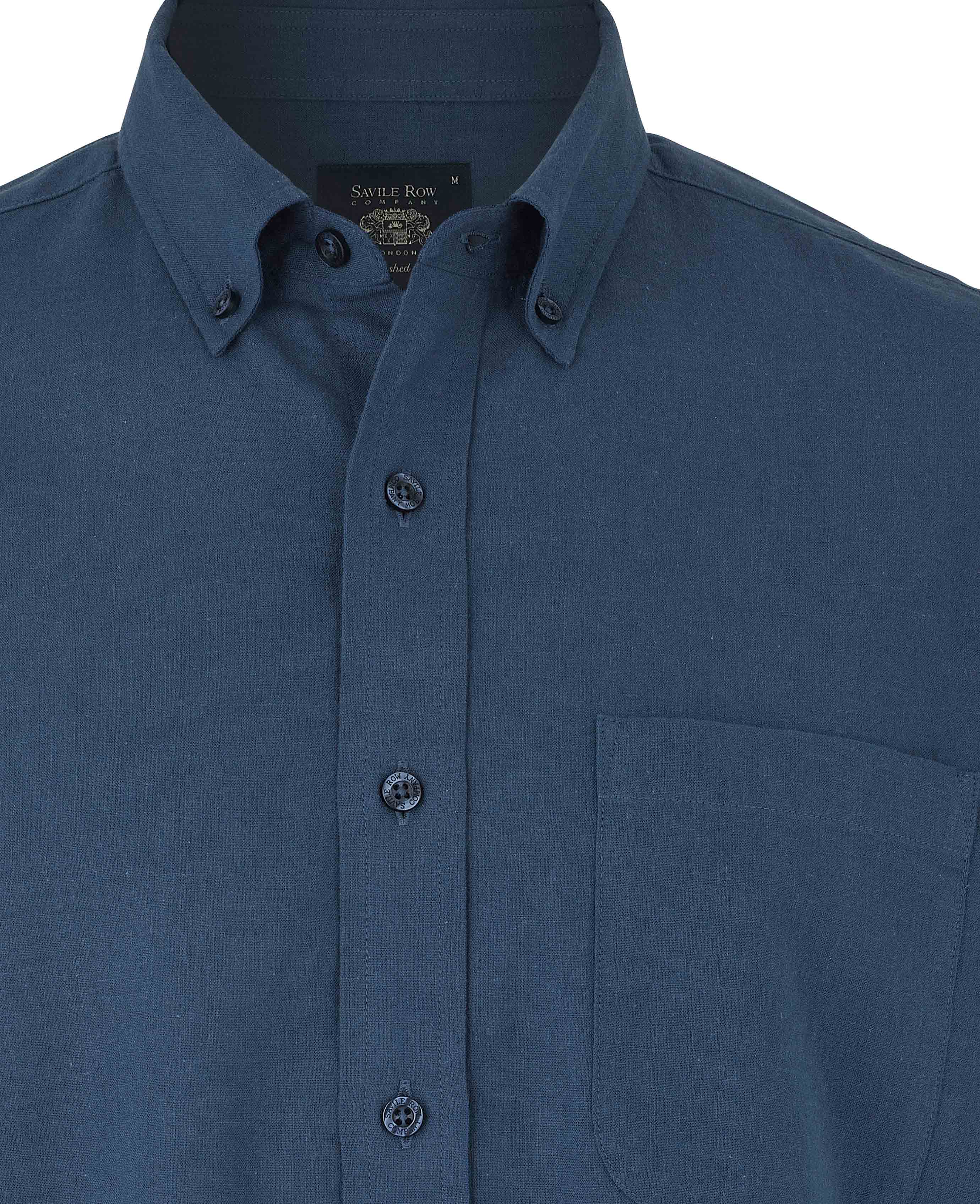 Navy Linen Cotton Classic Fit Button-Down Short Sleeve Casual Shirt - Image 5