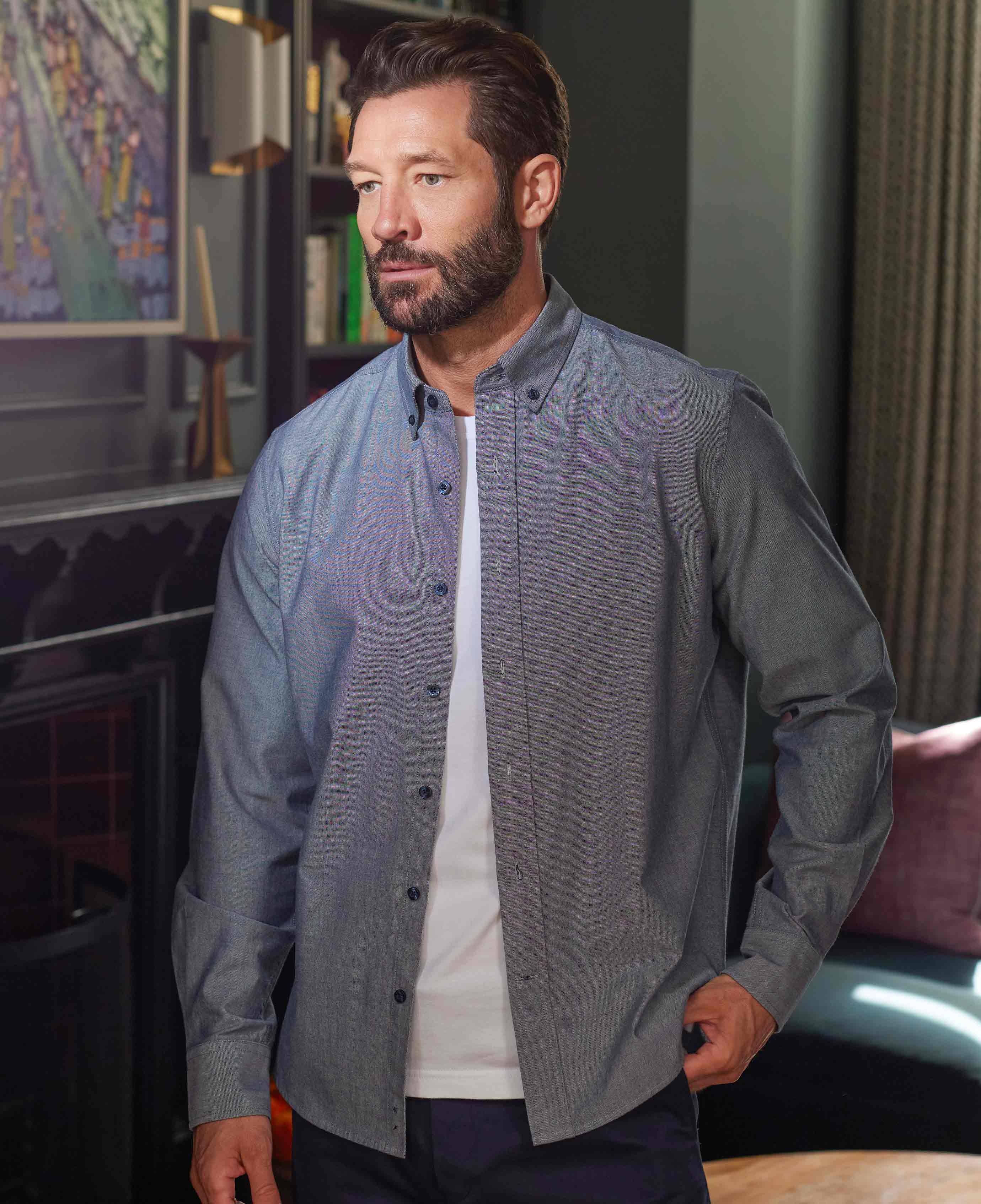 Navy Slim Fit Chambray Oxford Shirt - Image 3