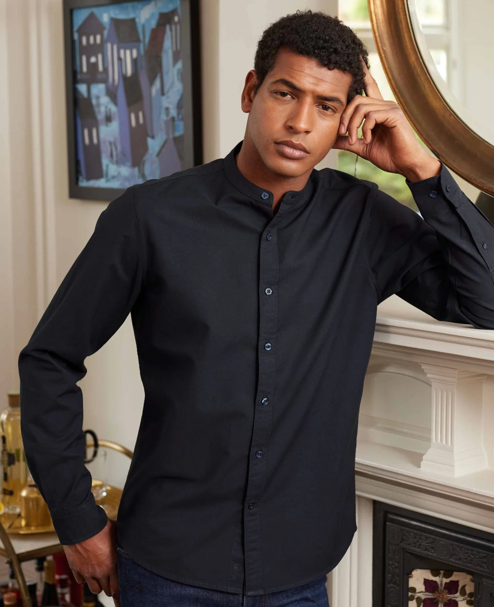 Navy Slim Fit Grandad Collar Shirt - Image 4