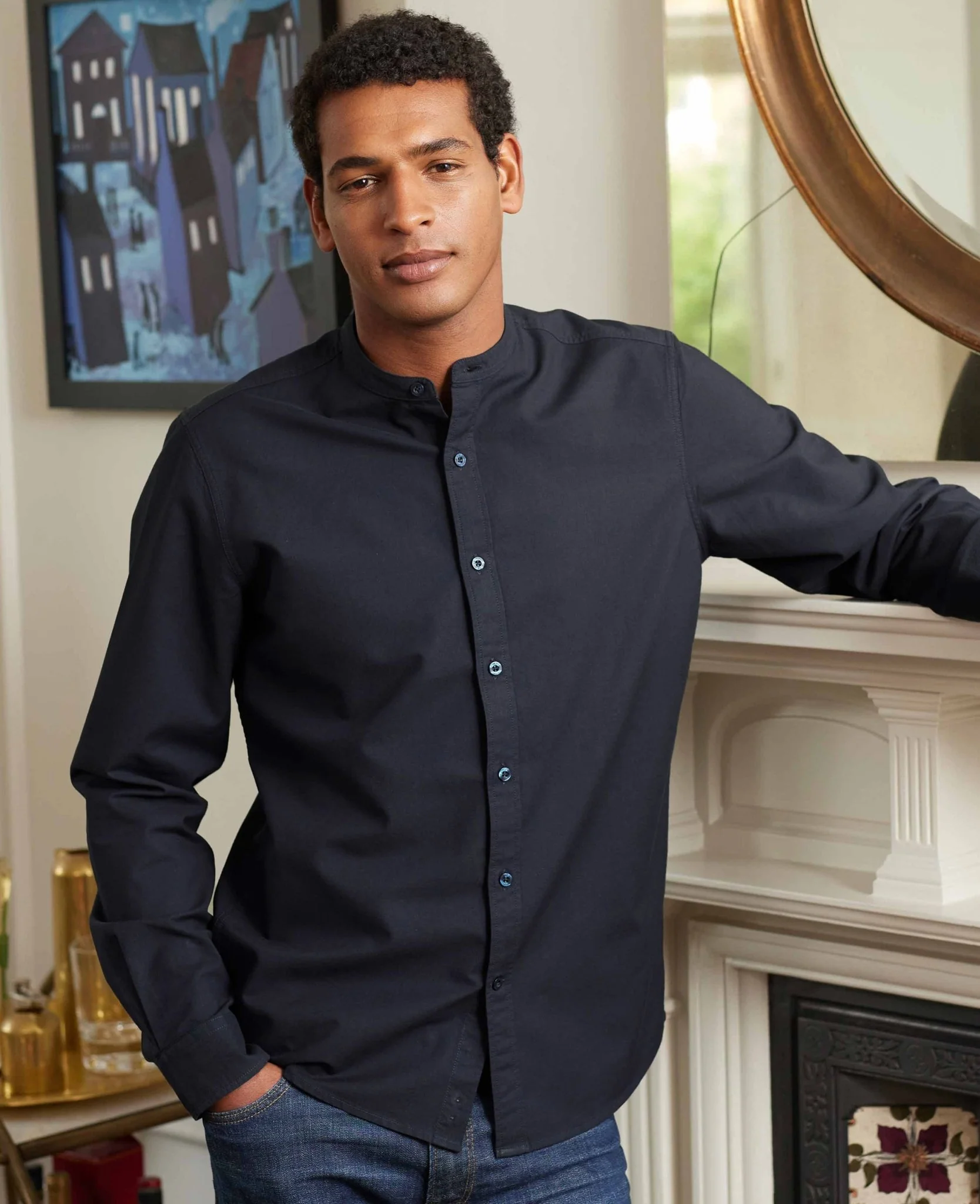 Navy Slim Fit Grandad Collar Shirt - Image 5
