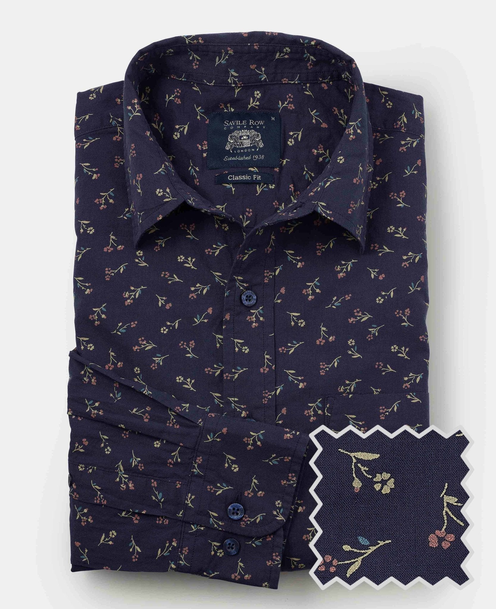 Navy Stretch Cotton Classic Fit Floral Casual Shirt - Image 2