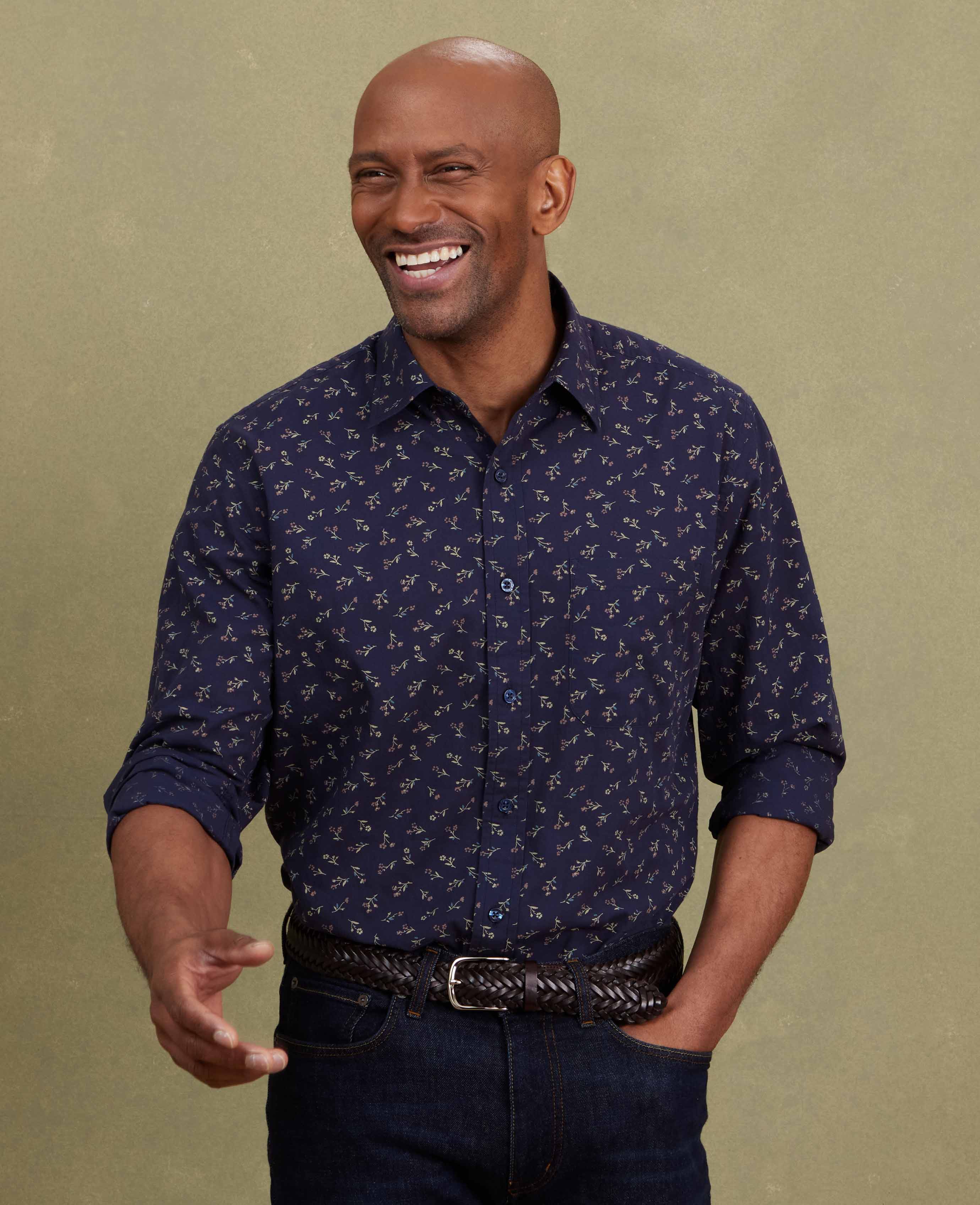 Navy Stretch Cotton Classic Fit Floral Casual Shirt - Image 3
