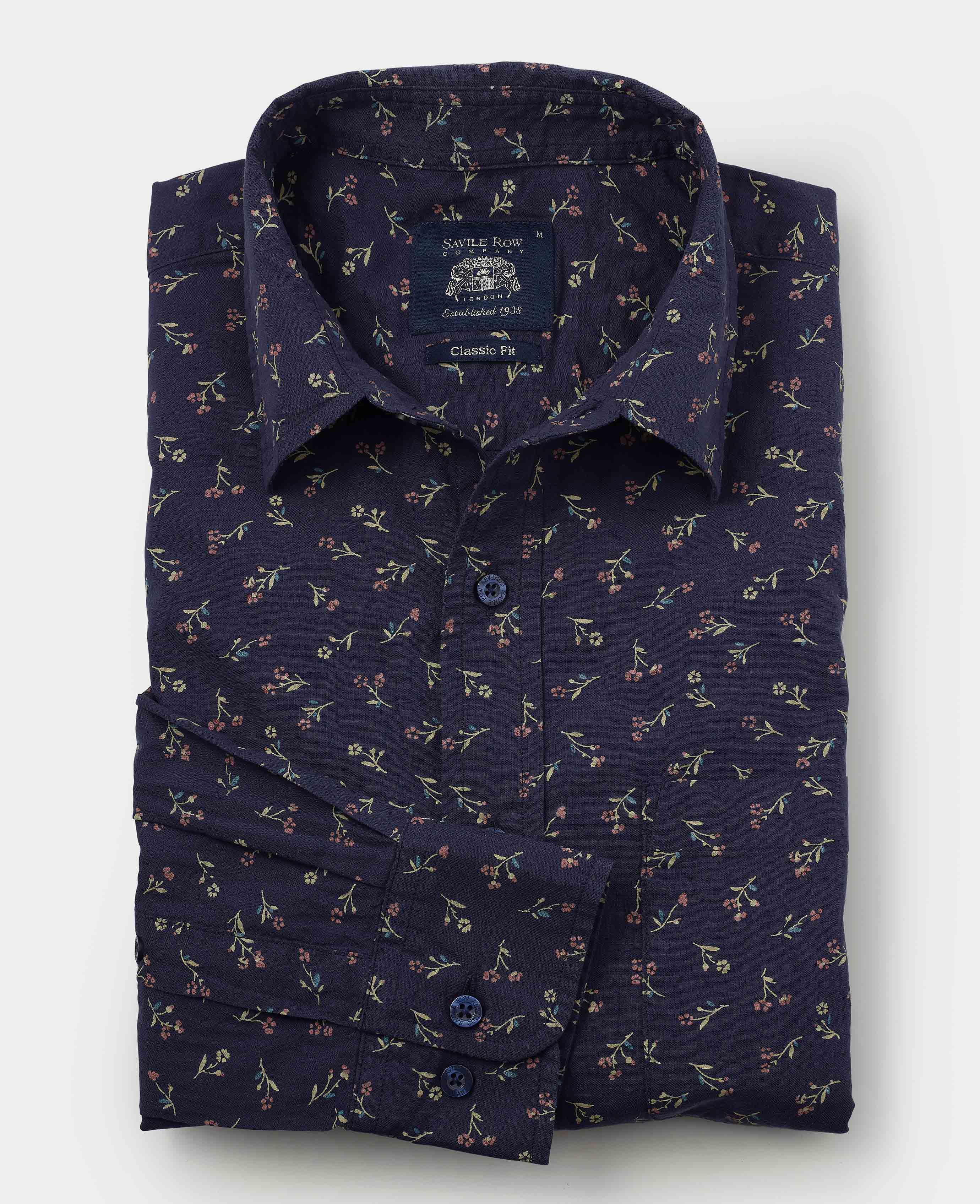Navy Stretch Cotton Classic Fit Floral Casual Shirt - Image 5