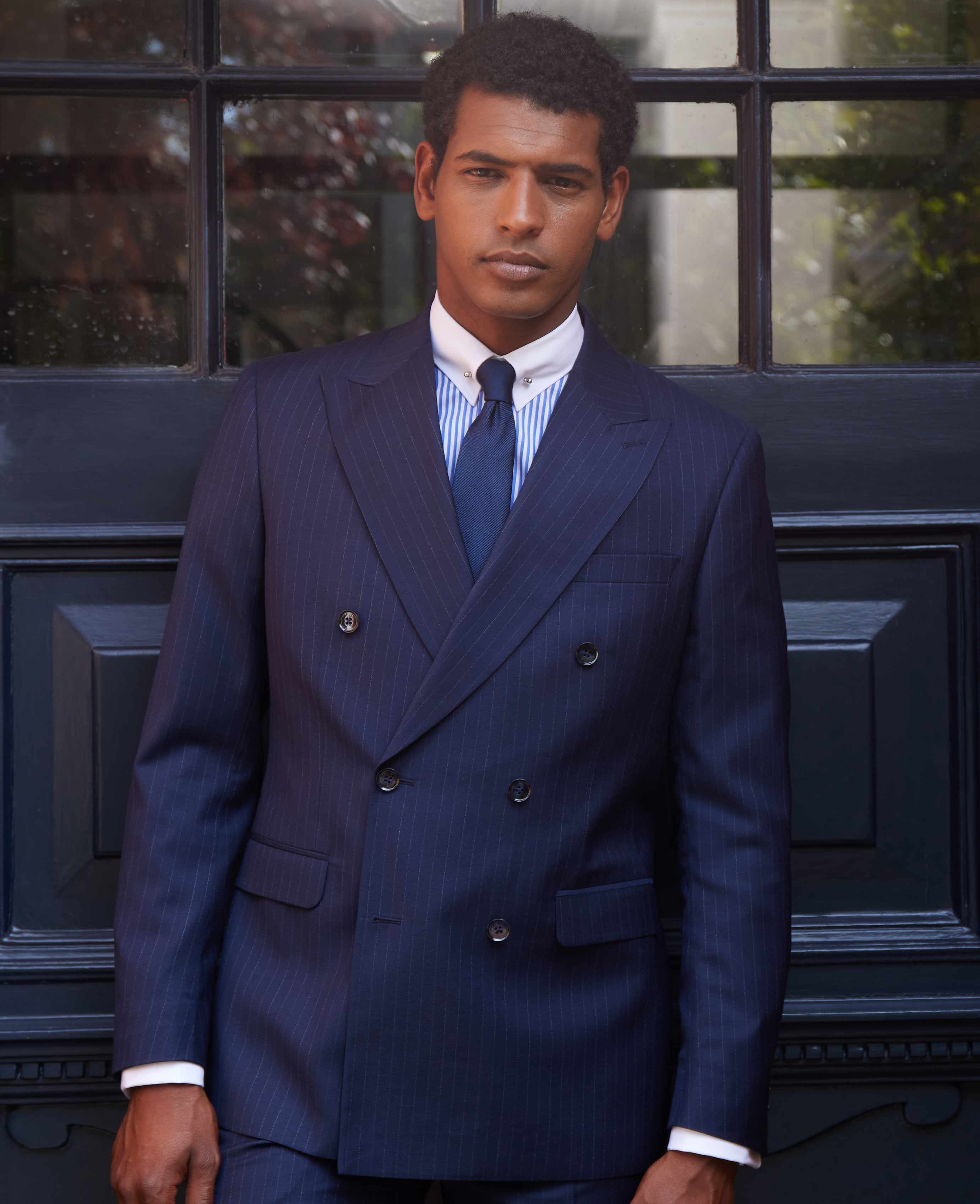 Navy Stripe Double-Breasted Suit Jacket - Image 5