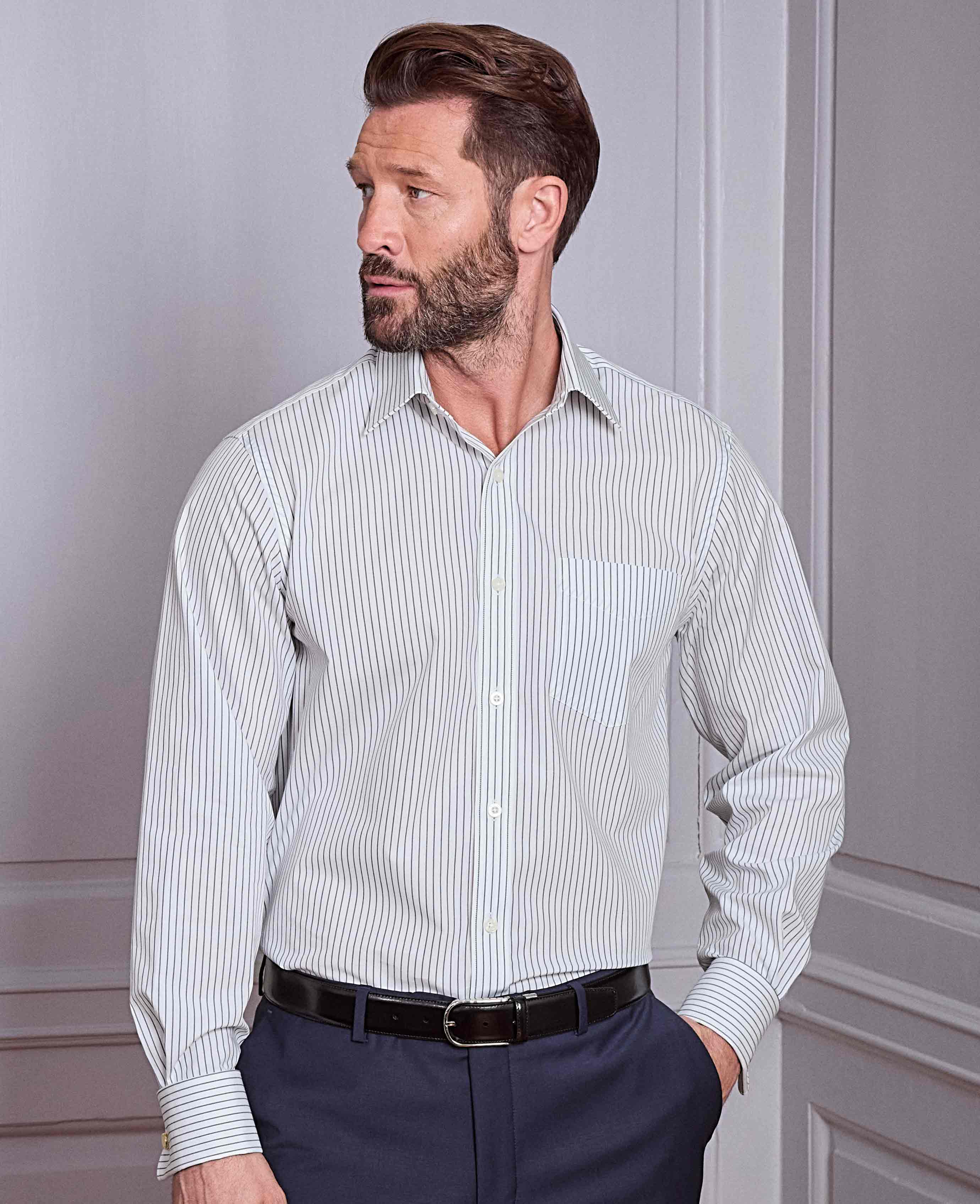 Navy White Stripe Cotton Classic Fit Formal Shirt - Double Cuff - Image 2