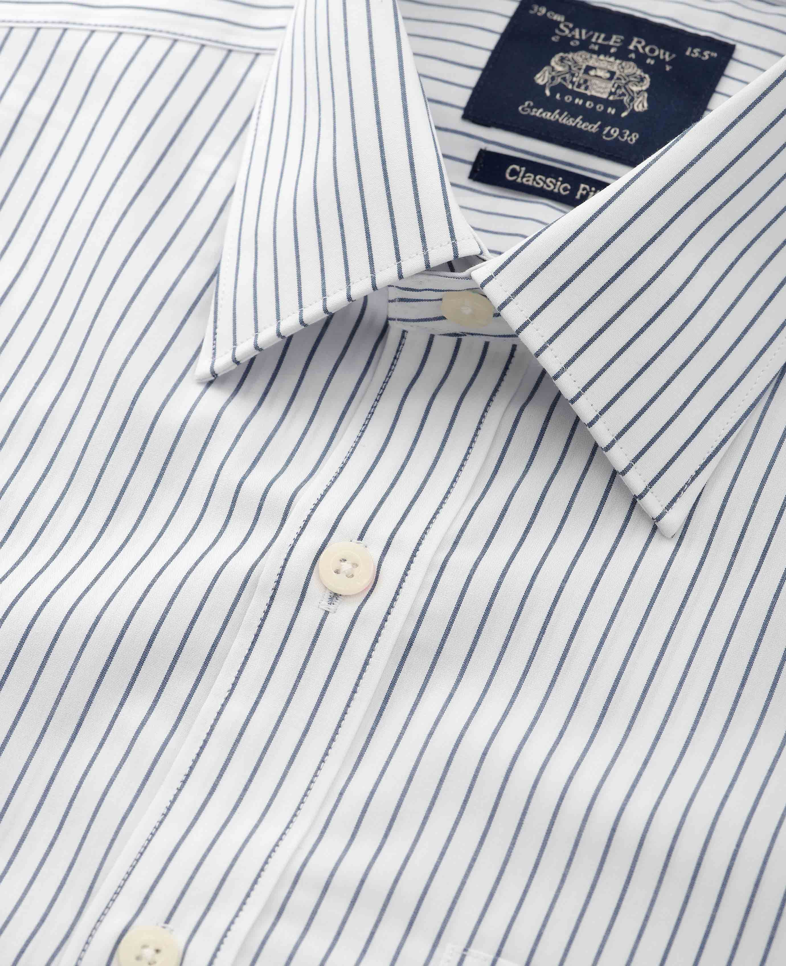 Navy White Stripe Cotton Classic Fit Formal Shirt - Double Cuff - Image 3