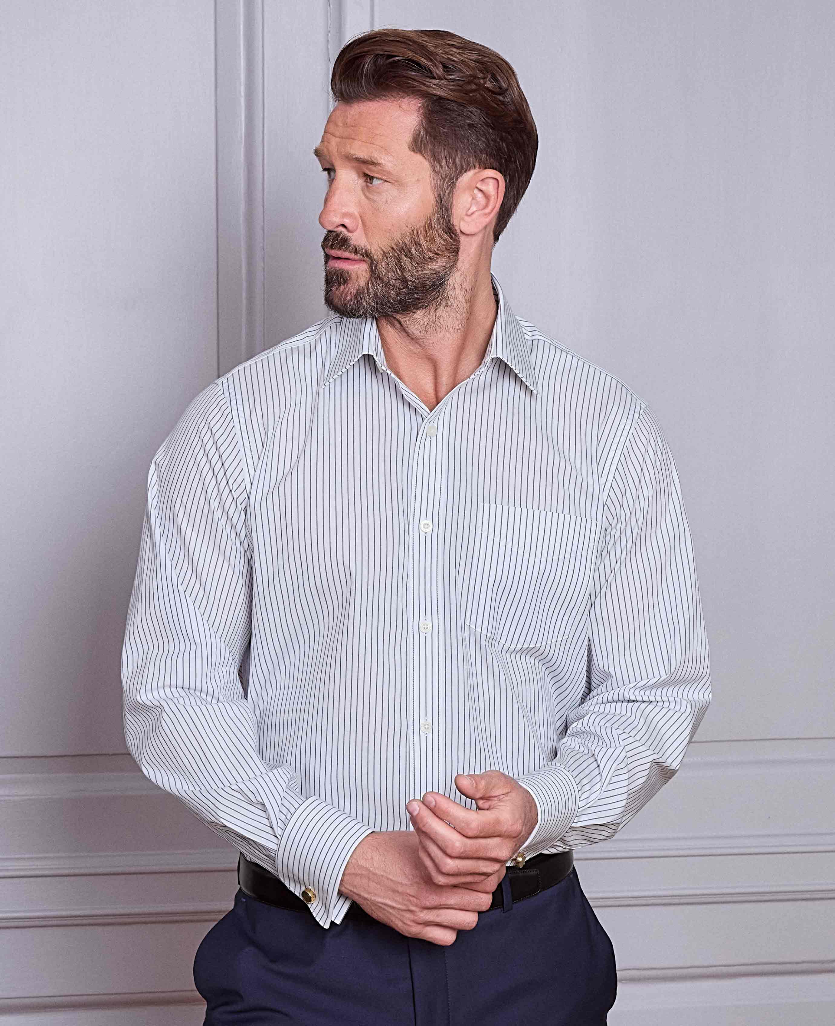 Navy White Stripe Cotton Classic Fit Formal Shirt - Double Cuff - Image 4