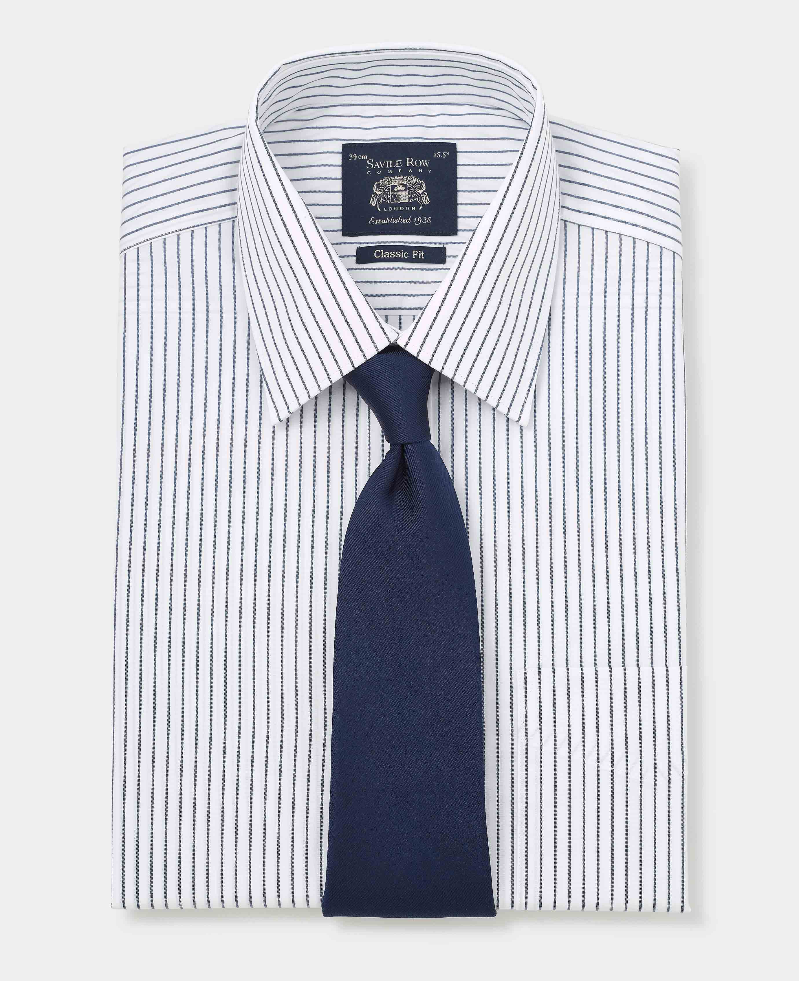Navy White Stripe Cotton Classic Fit Formal Shirt - Double Cuff - Image 5