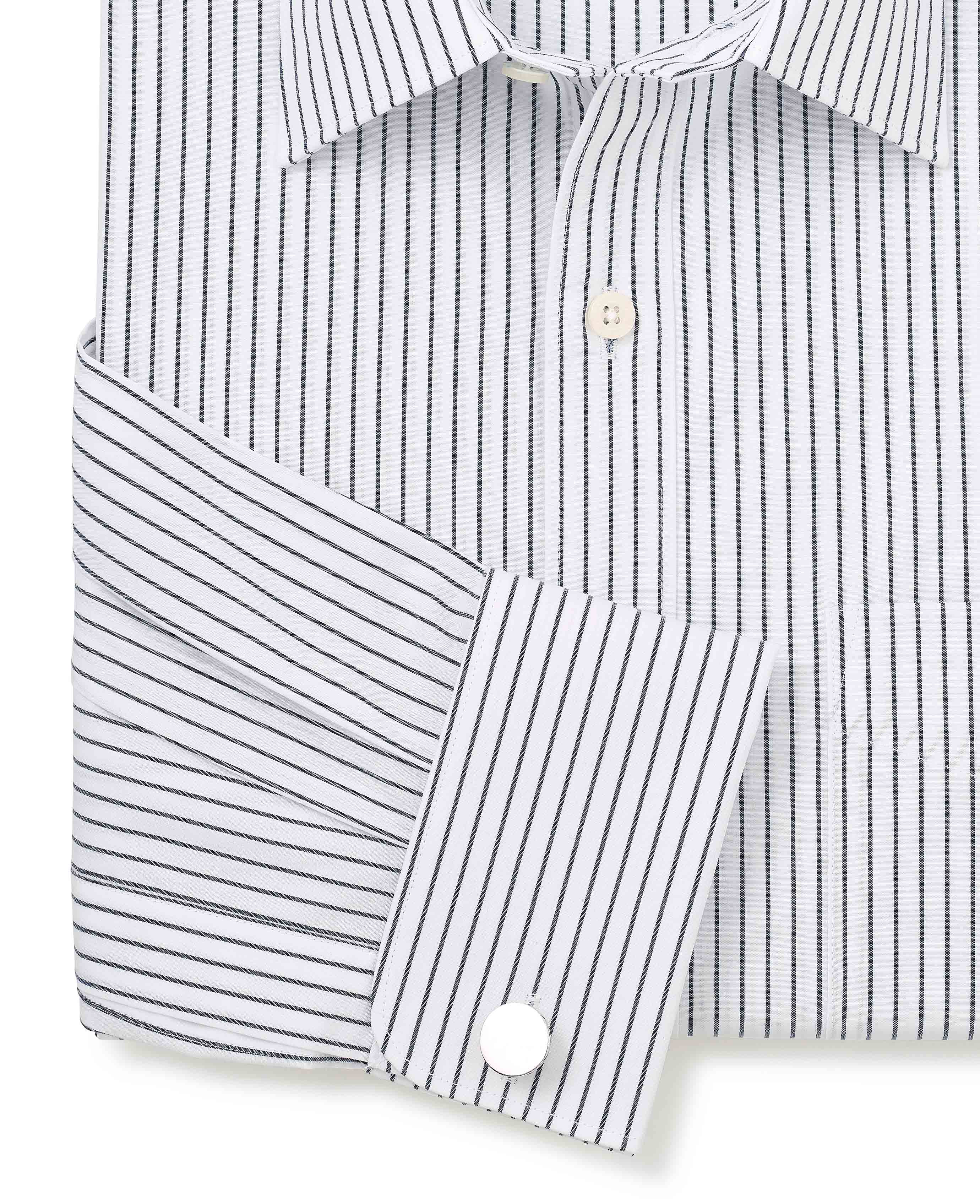 Navy White Stripe Cotton Classic Fit Formal Shirt - Double Cuff - Image 6