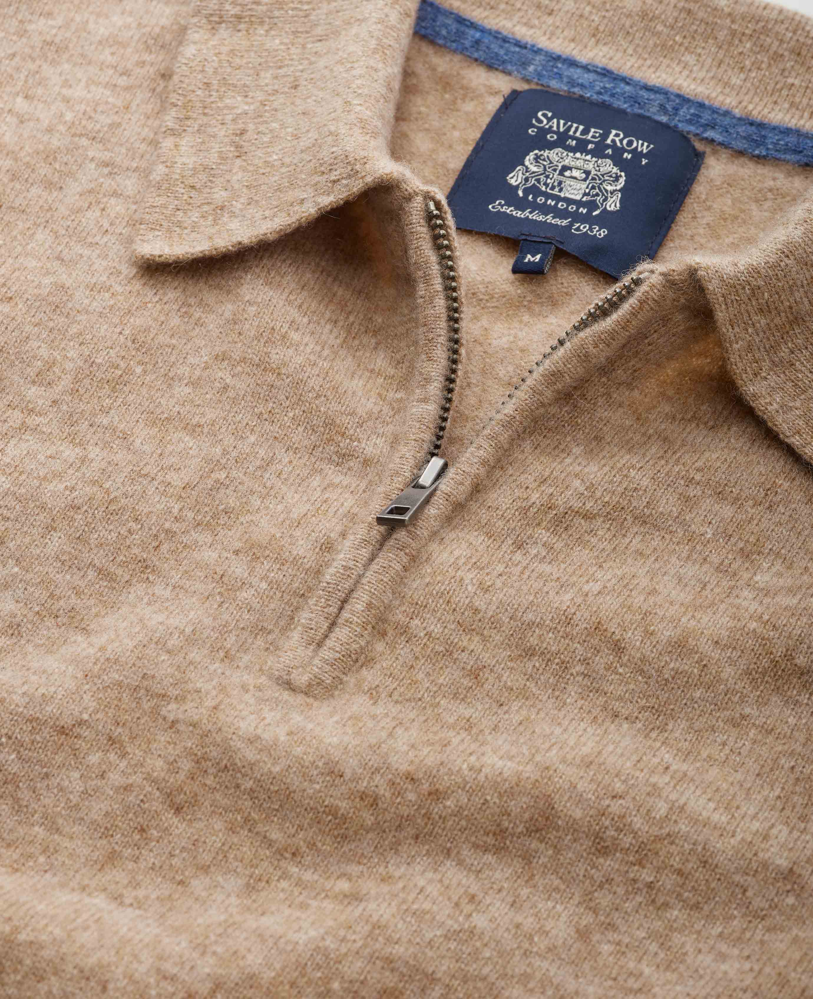 Oatmeal Merino Wool Cashmere Zip Neck Long Sleeve Polo Shirt - Image 2