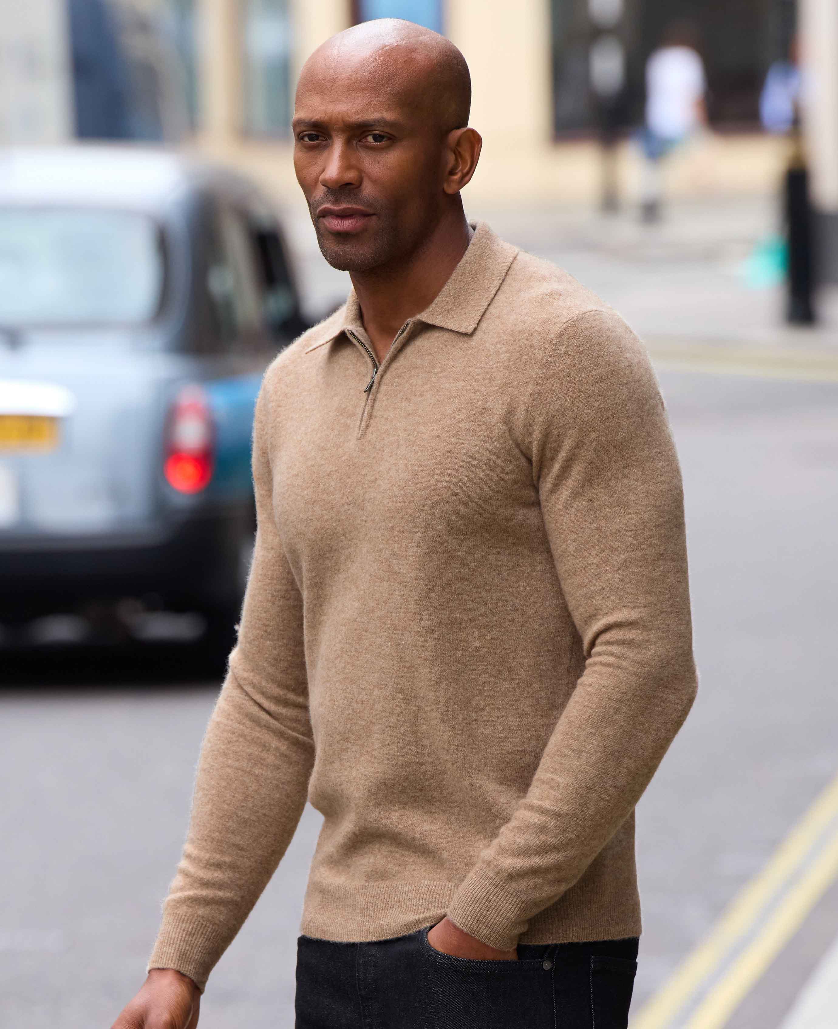 Oatmeal Merino Wool Cashmere Zip Neck Long Sleeve Polo Shirt - Image 3