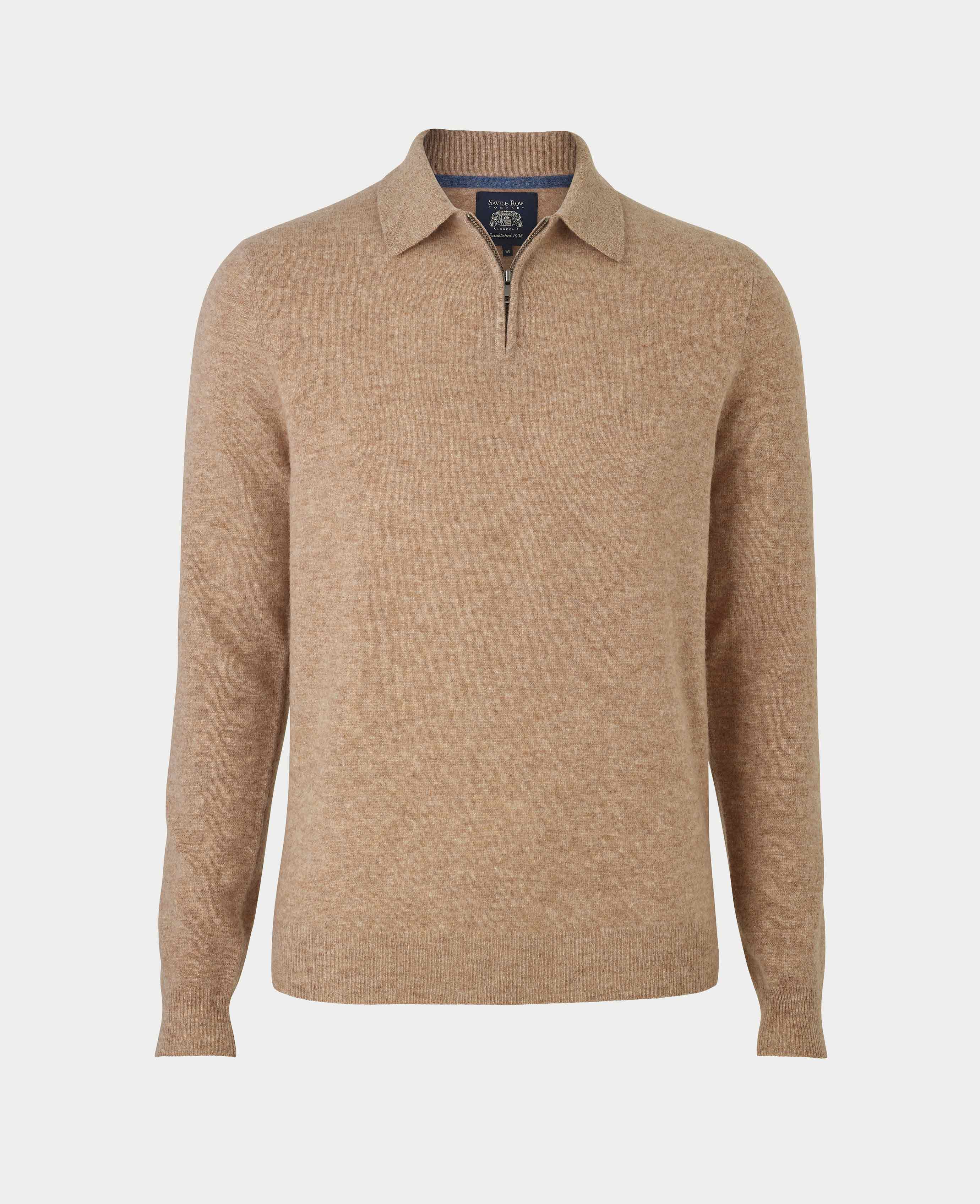 Oatmeal Merino Wool Cashmere Zip Neck Long Sleeve Polo Shirt - Image 4