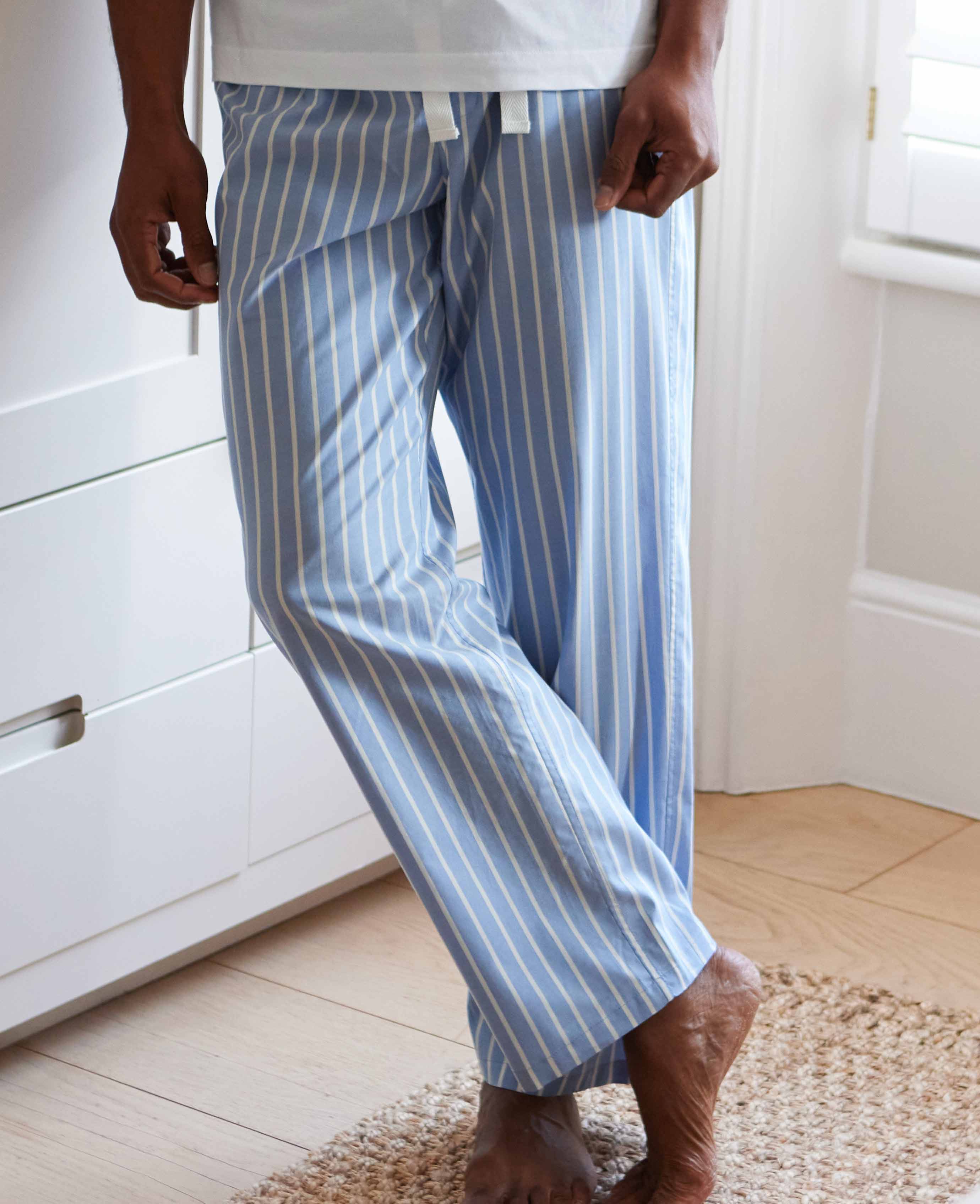 Pale Blue Cotton Twill Wide Stripe Lounge Pants - Image 3