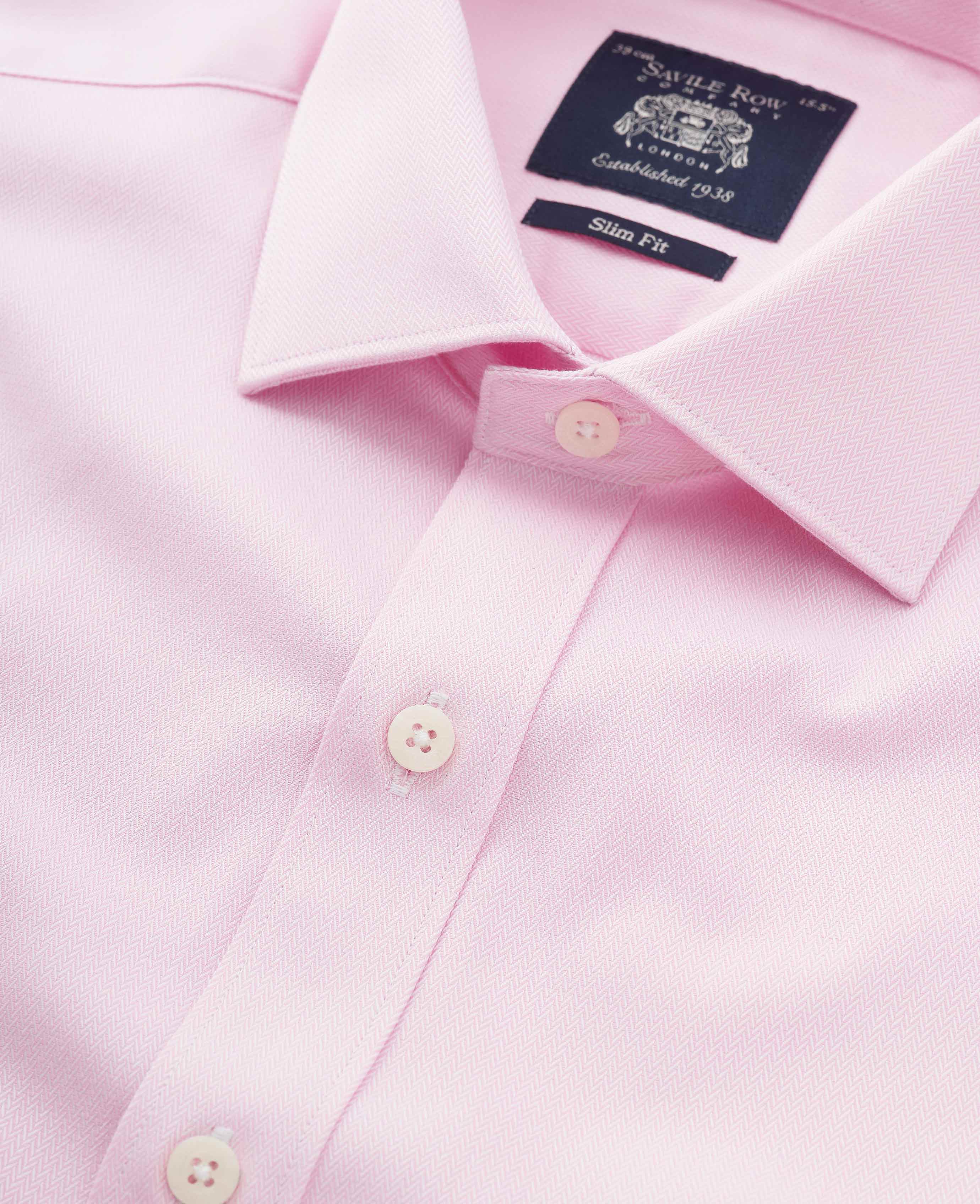 Pink Cotton Herringbone Slim Fit Formal Shirt - Double Cuff - Image 4