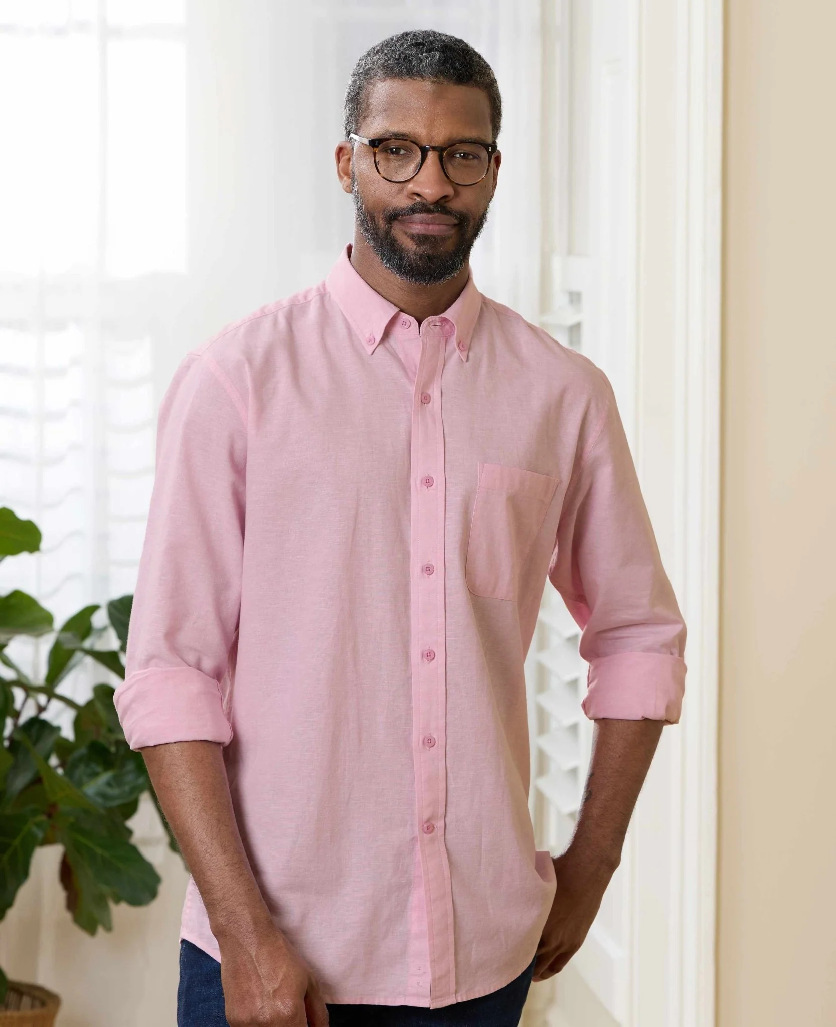 Pink Linen Cotton Classic Fit Button-Down Casual Shirt