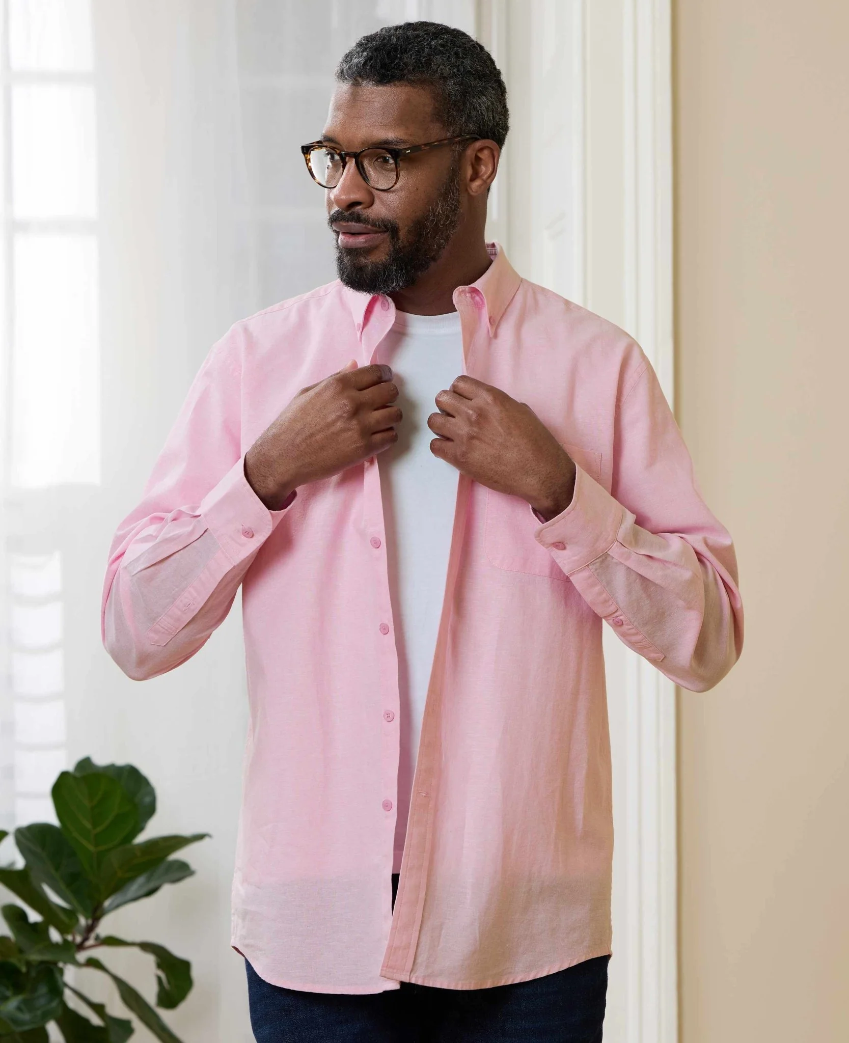 Pink Linen Cotton Classic Fit Button-Down Casual Shirt - Image 3