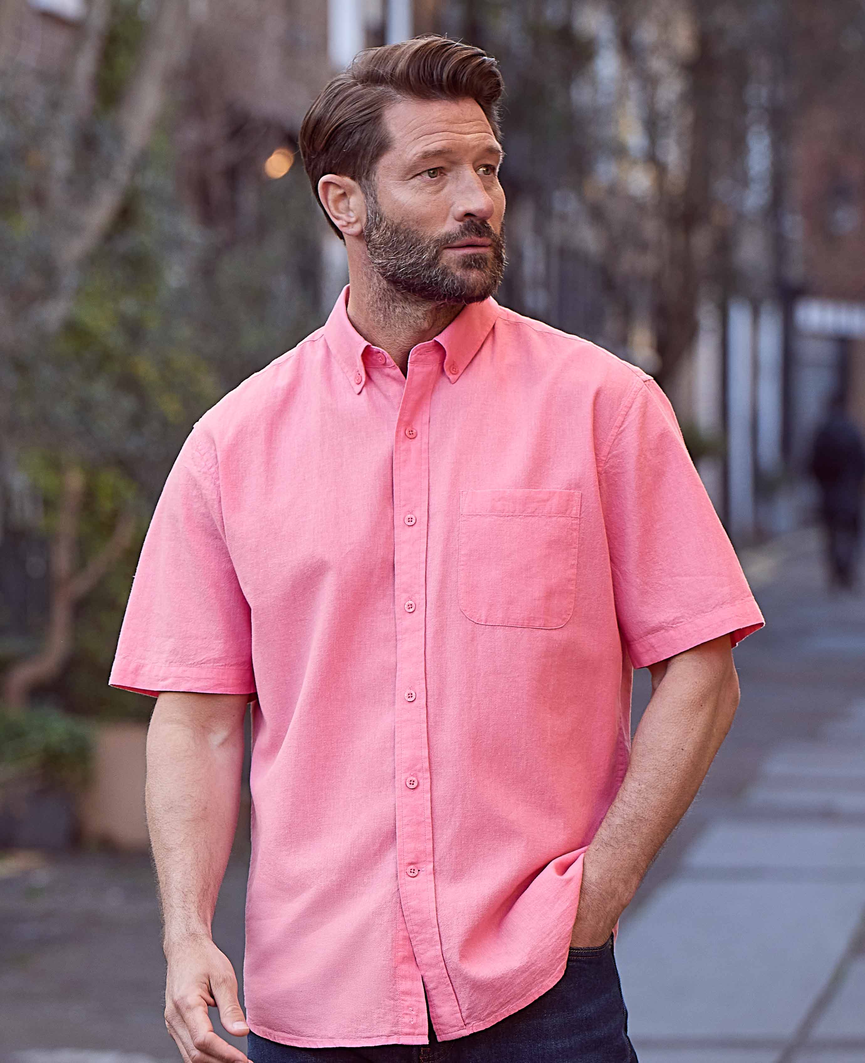 Pink Linen Cotton Classic Fit Short Sleeve Button-Down Casual Shirt - Image 3