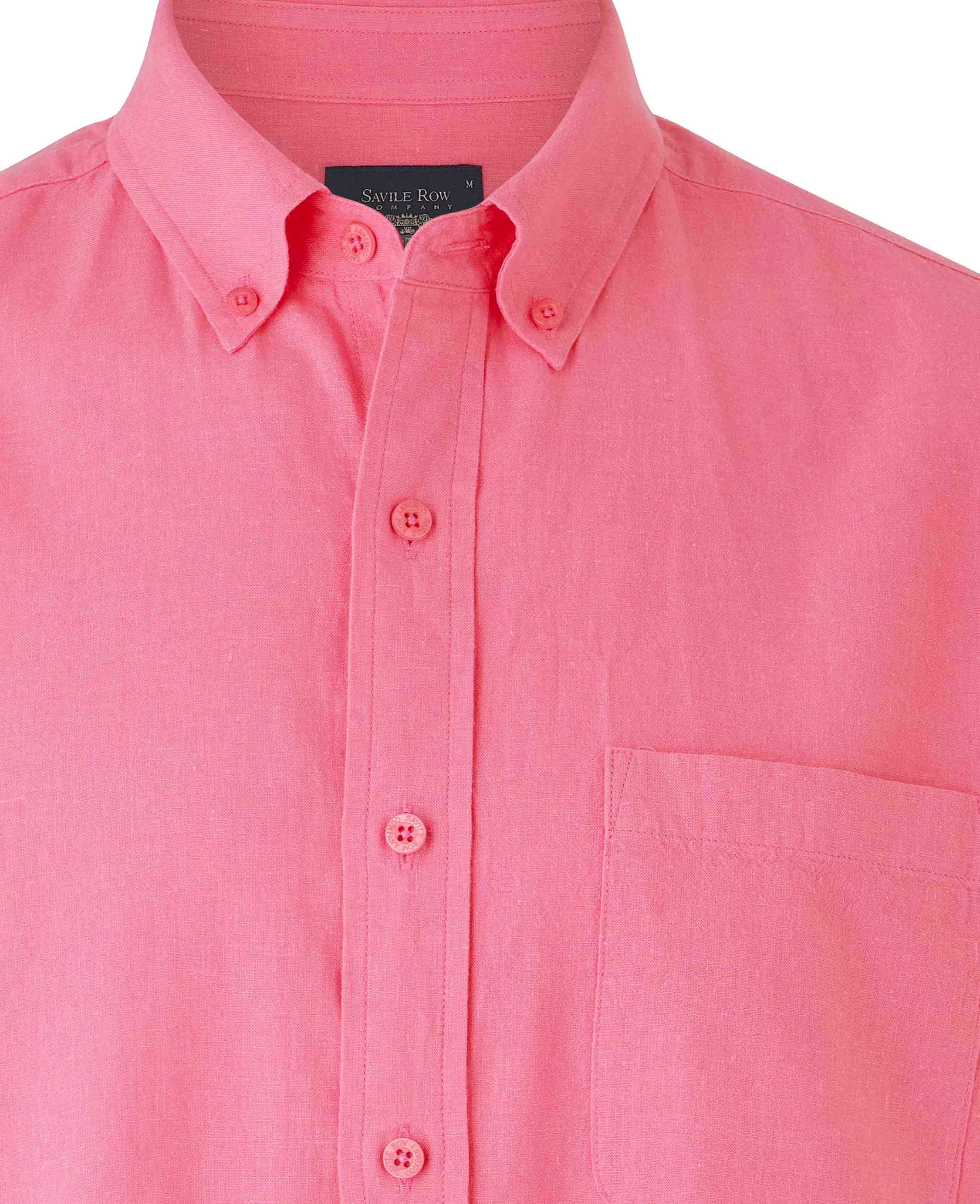 Pink Linen Cotton Classic Fit Short Sleeve Button-Down Casual Shirt - Image 5
