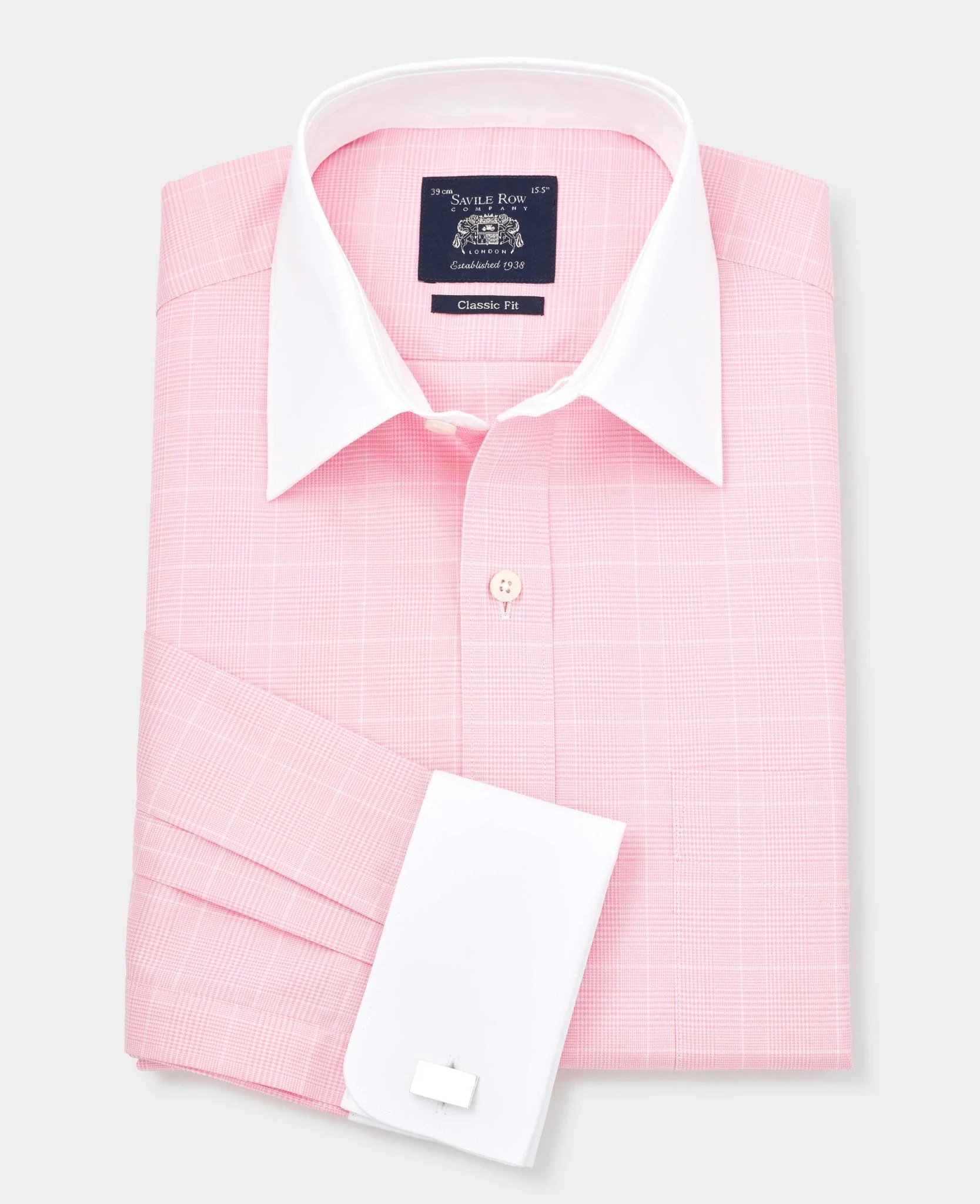 Pink Prince of Wales Check Classic Fit Contrast Collar Formal Shirt With White Collar & Cuffs - Image 4