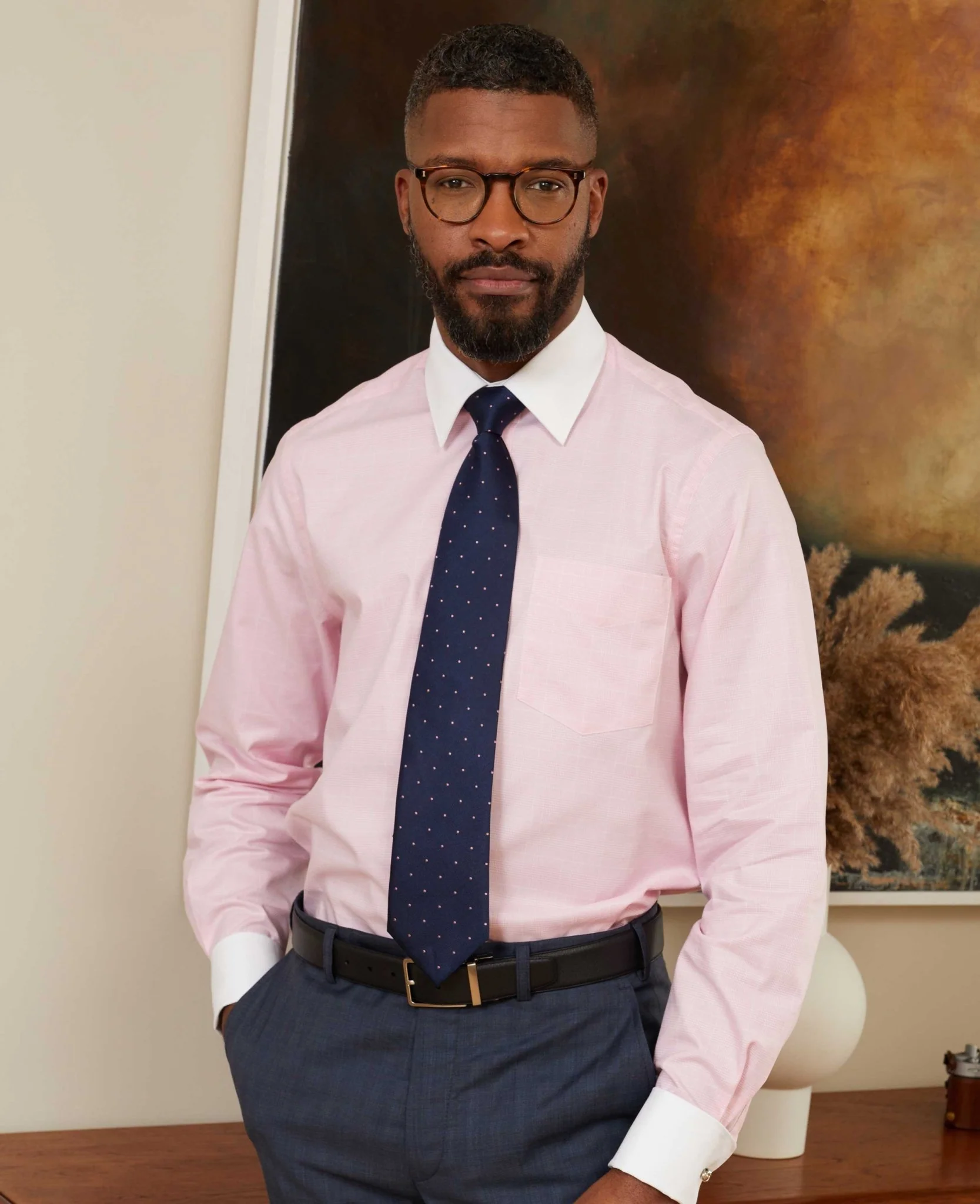 Pink Prince of Wales Check Classic Fit Contrast Collar Formal Shirt With White Collar & Cuffs - Image 5