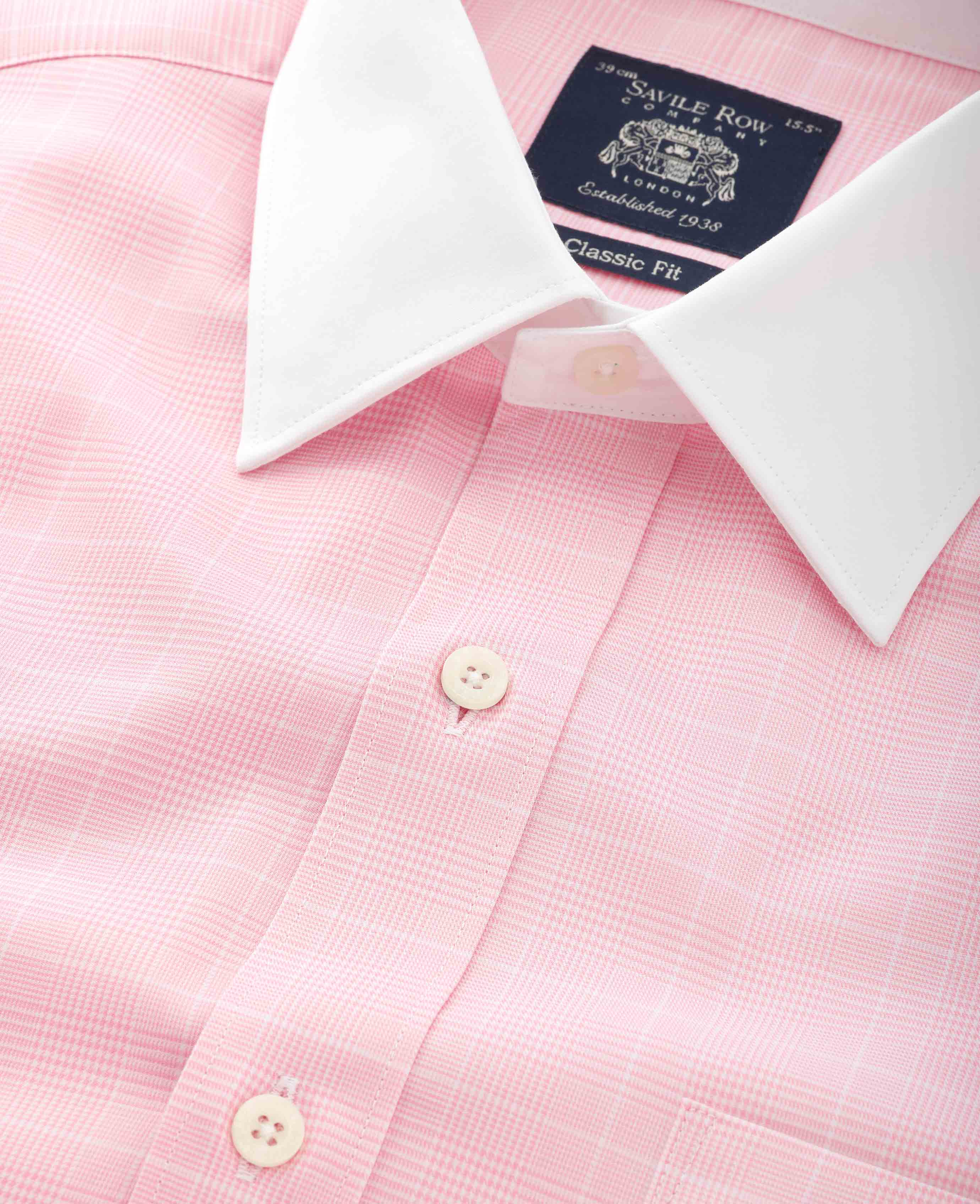 Pink Prince of Wales Check Classic Fit Contrast Collar Formal Shirt With White Collar & Cuffs - Image 6