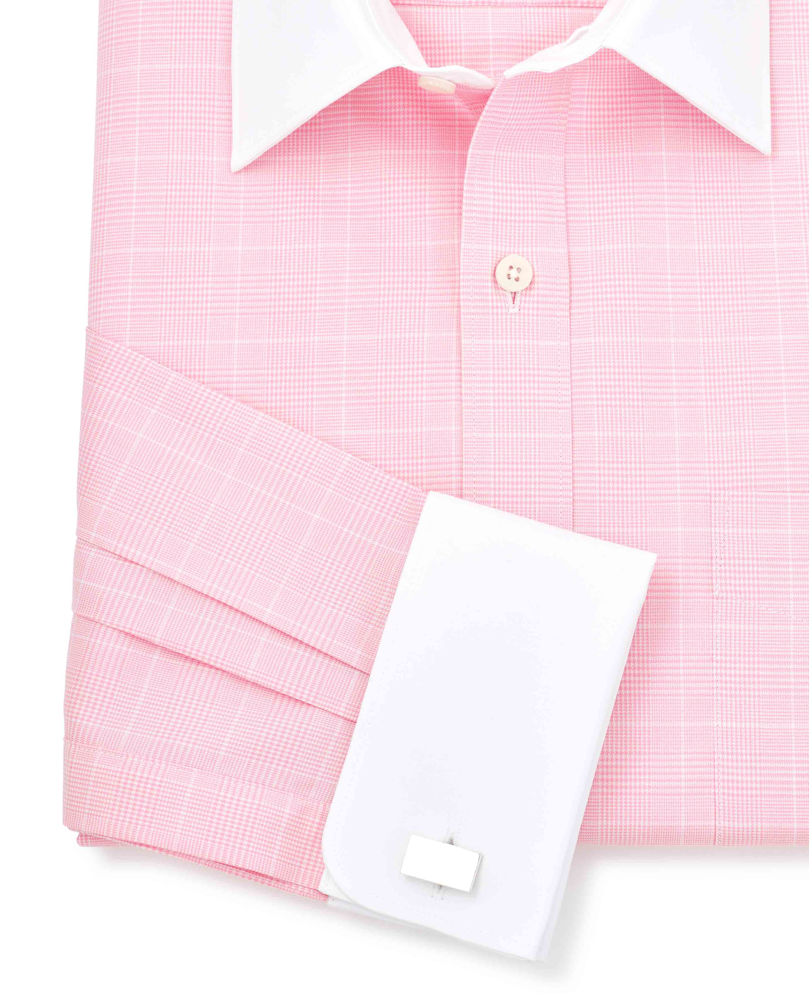 Pink Prince of Wales Check Classic Fit Contrast Collar Formal Shirt With White Collar & Cuffs - Image 7