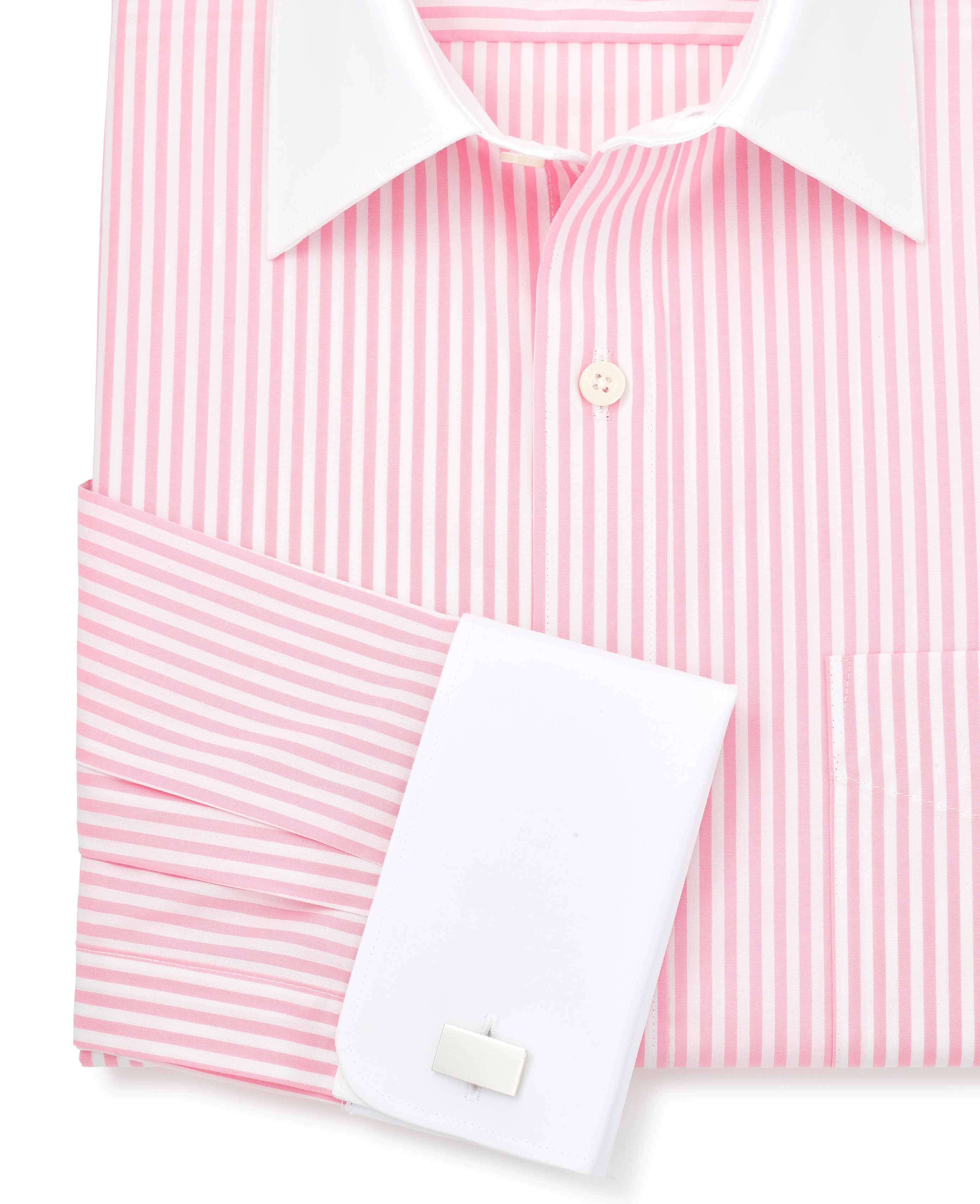 Pink Stripe Classic Fit Contrast Collar Formal Shirt With White Collar & Double Cuffs - Image 6