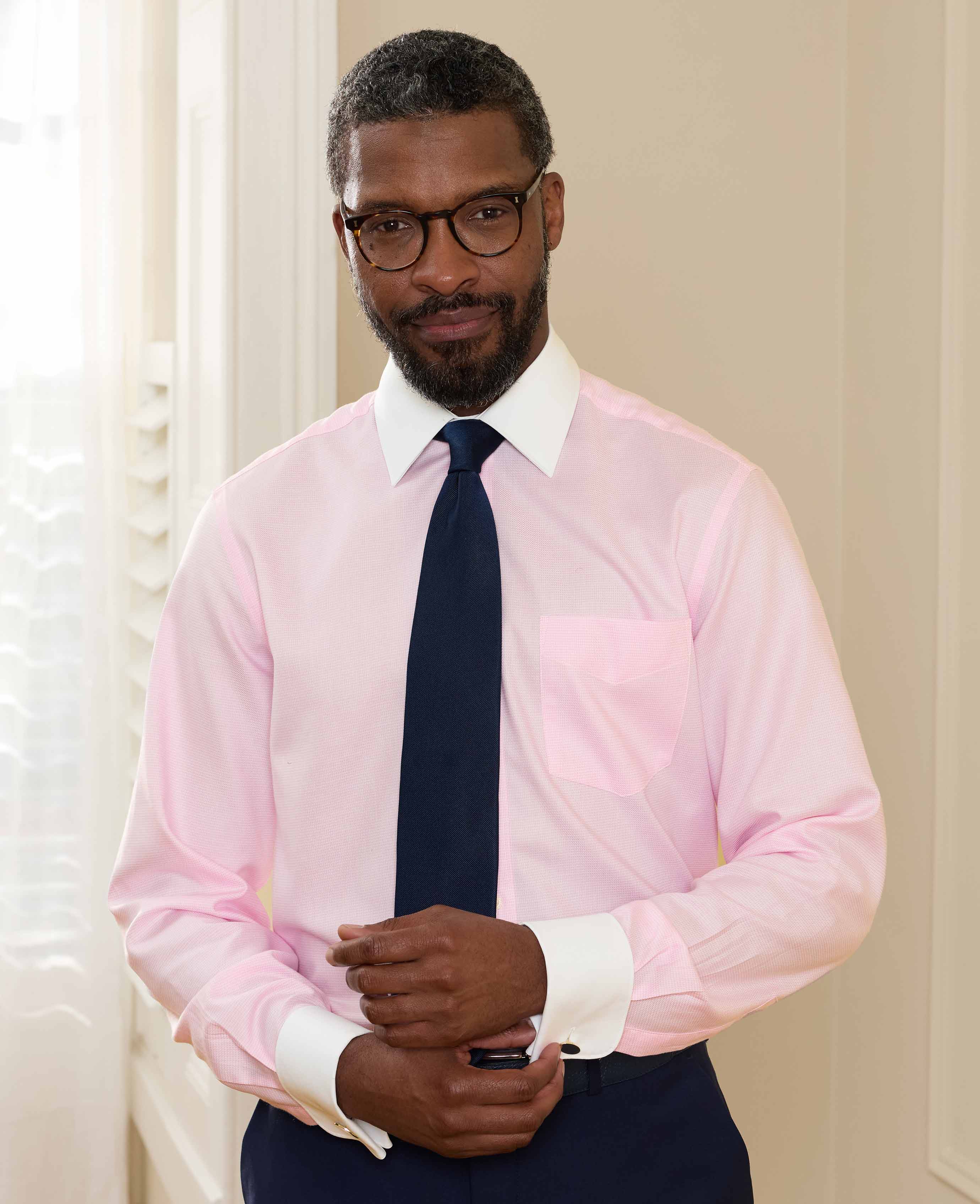Pink Textured Cotton Puppytooth Classic Fit Winchester Formal Shirt - Double Cuff - Image 4