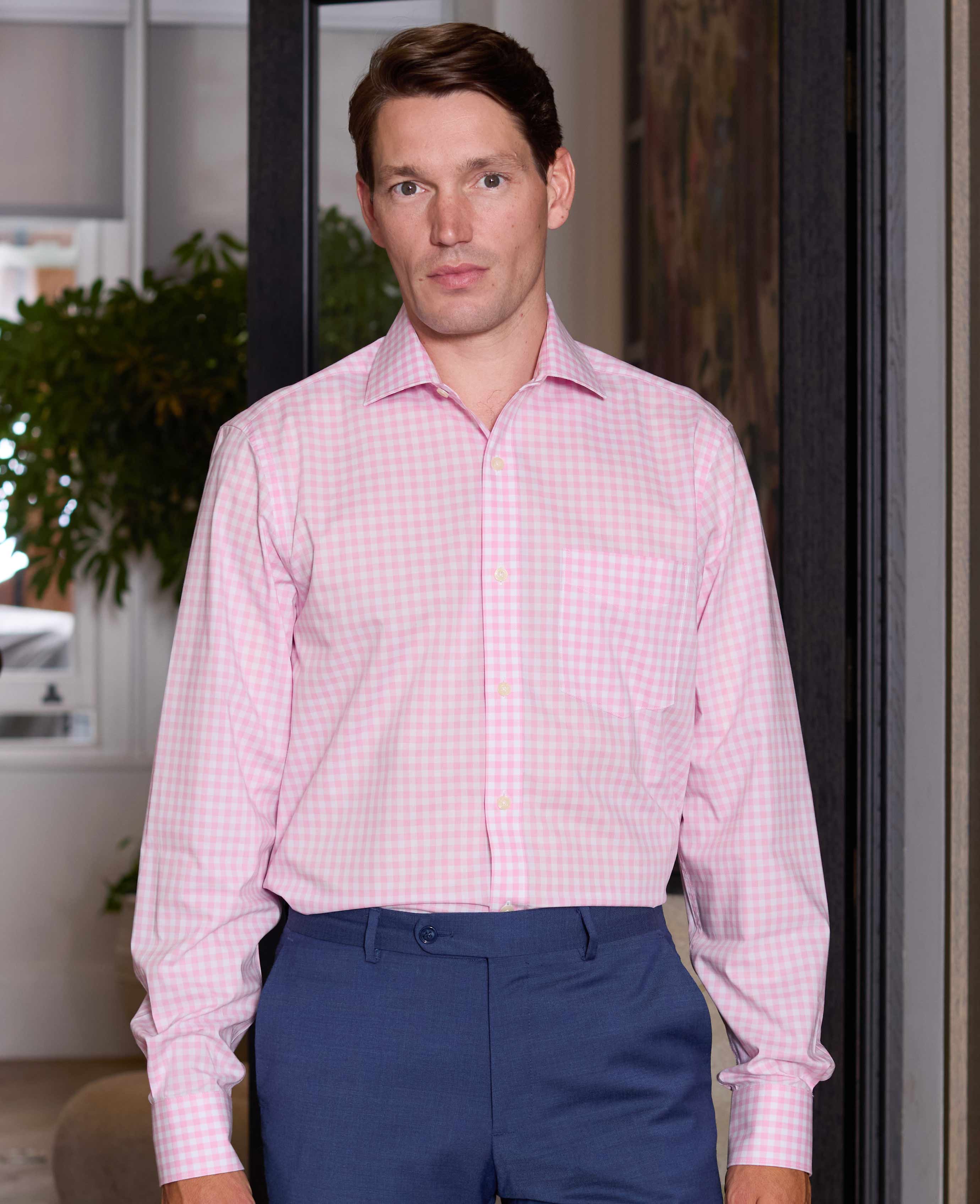 Pink White Cotton Gingham Check Classic Fit Formal Shirt - Single Cuff - Image 4