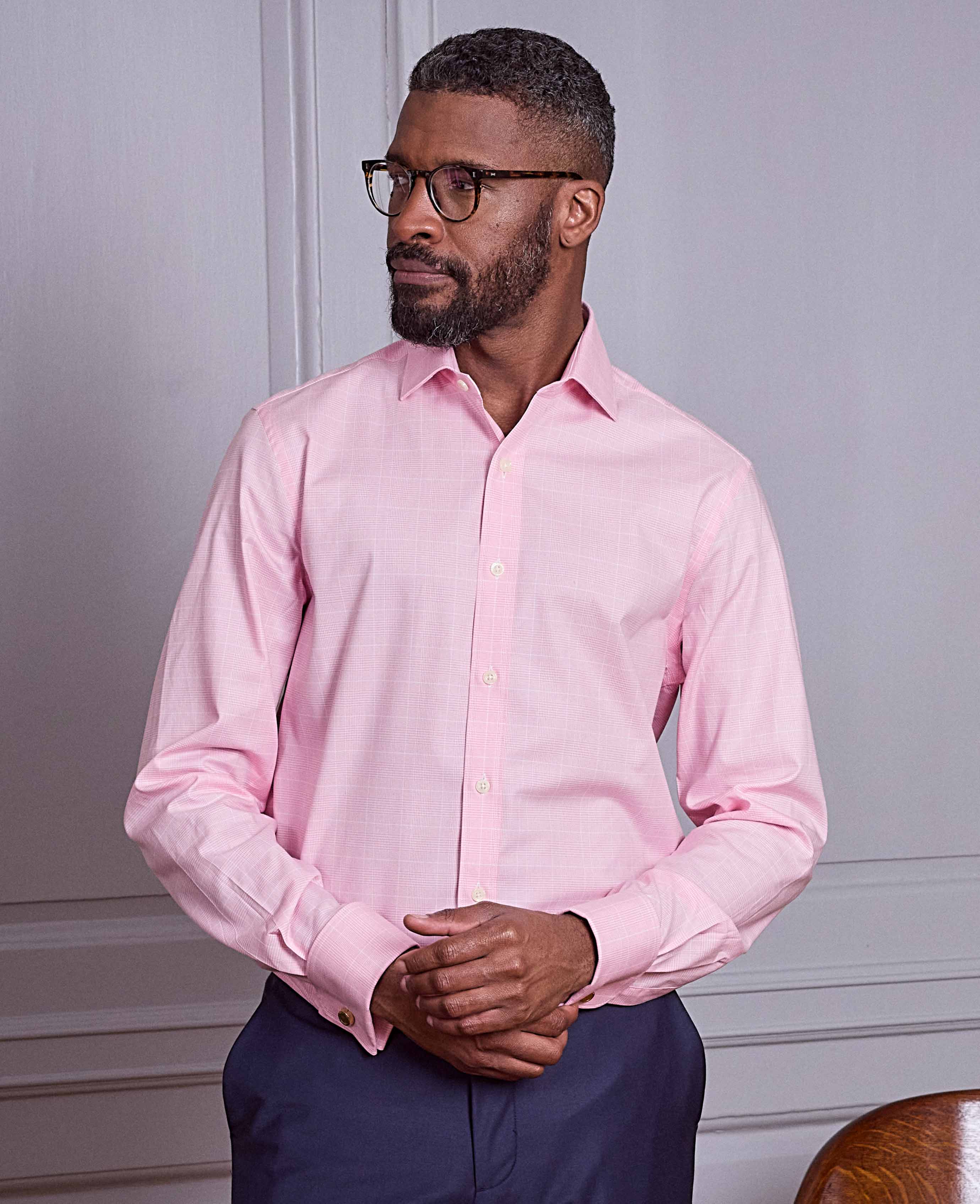 Pink White Cotton Prince of Wales Check Slim Fit Formal Shirt - Double Cuff - Image 4
