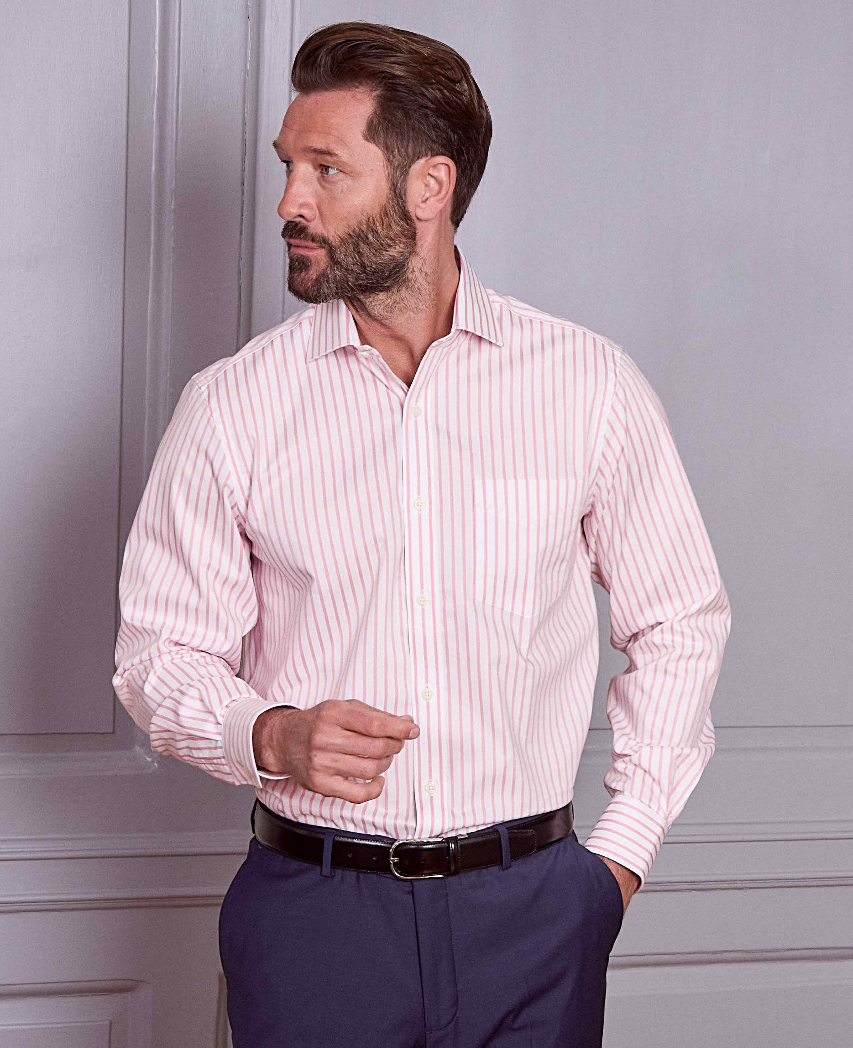 Pink White Stripe Cotton Classic Fit Formal Shirt - Single Cuff - Image 2