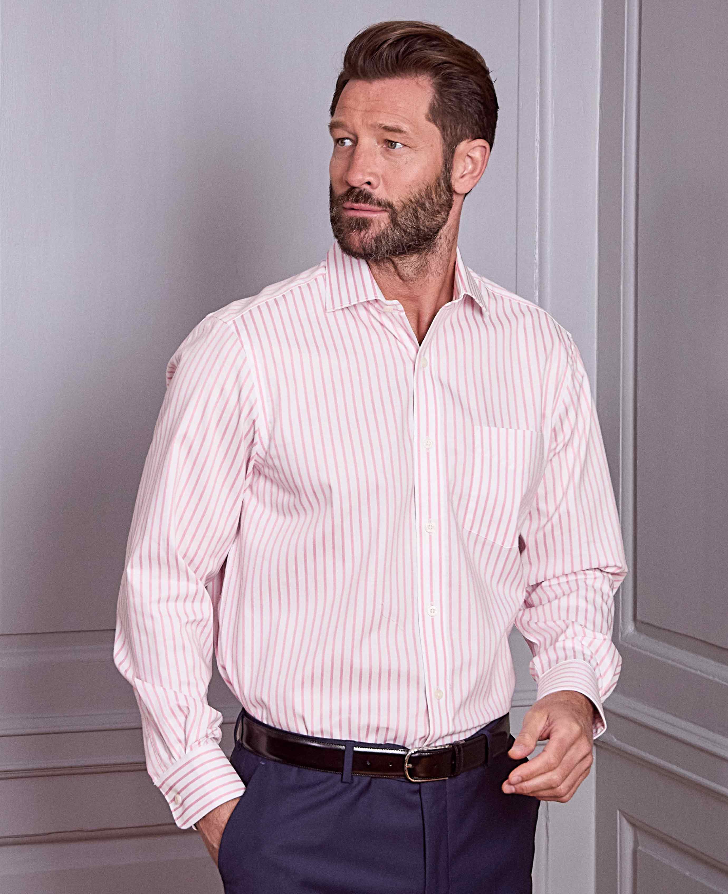 Pink White Stripe Cotton Classic Fit Formal Shirt - Single Cuff - Image 4