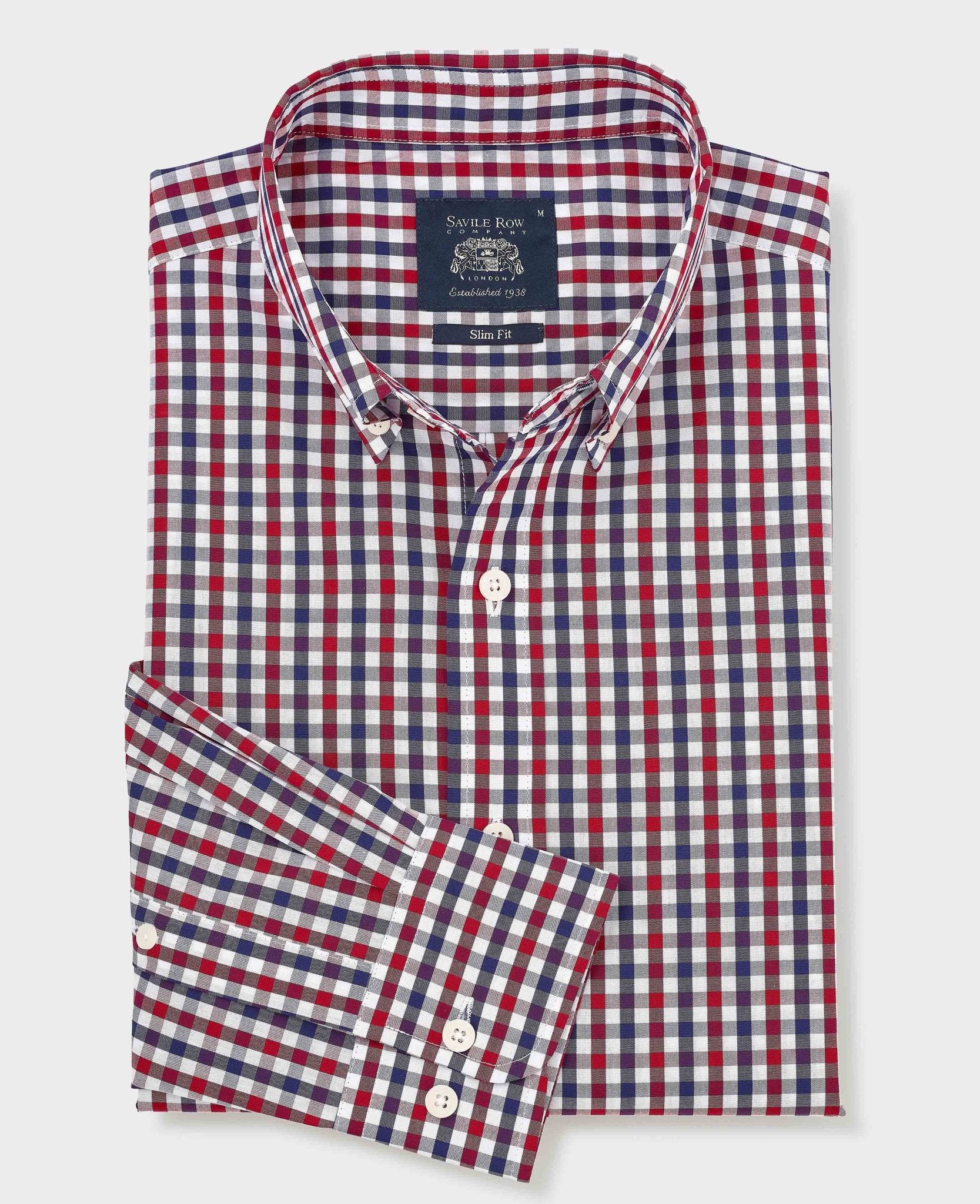 Red Blue Poplin Gingham Check Slim Fit Casual Shirt - Image 2