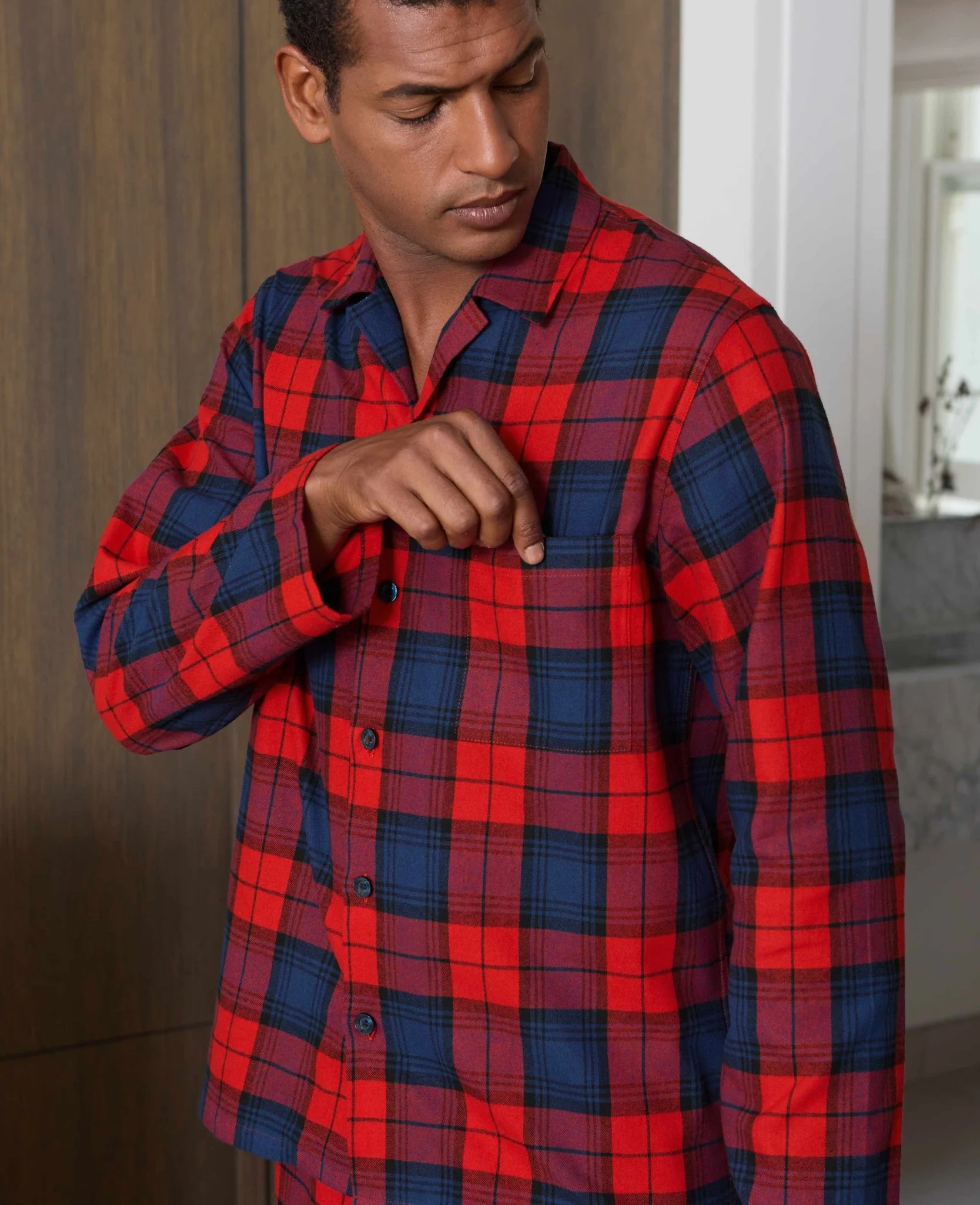 Red Multi Brushed Cotton Twill Window Check Pyjamas - Image 4