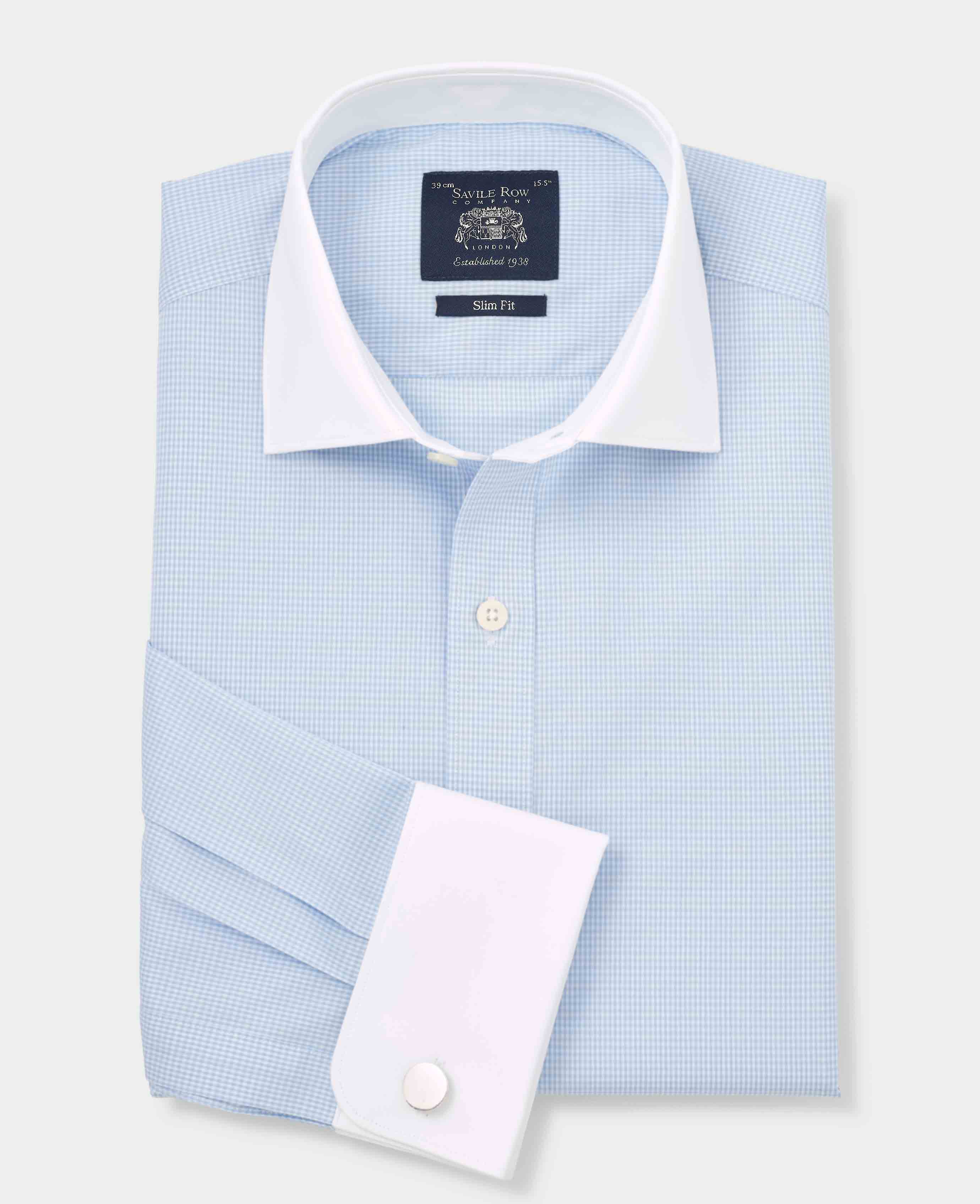 Sky Blue Cotton Gingham Check Slim Fit Winchester Formal Shirt - Double Cuff - Image 3