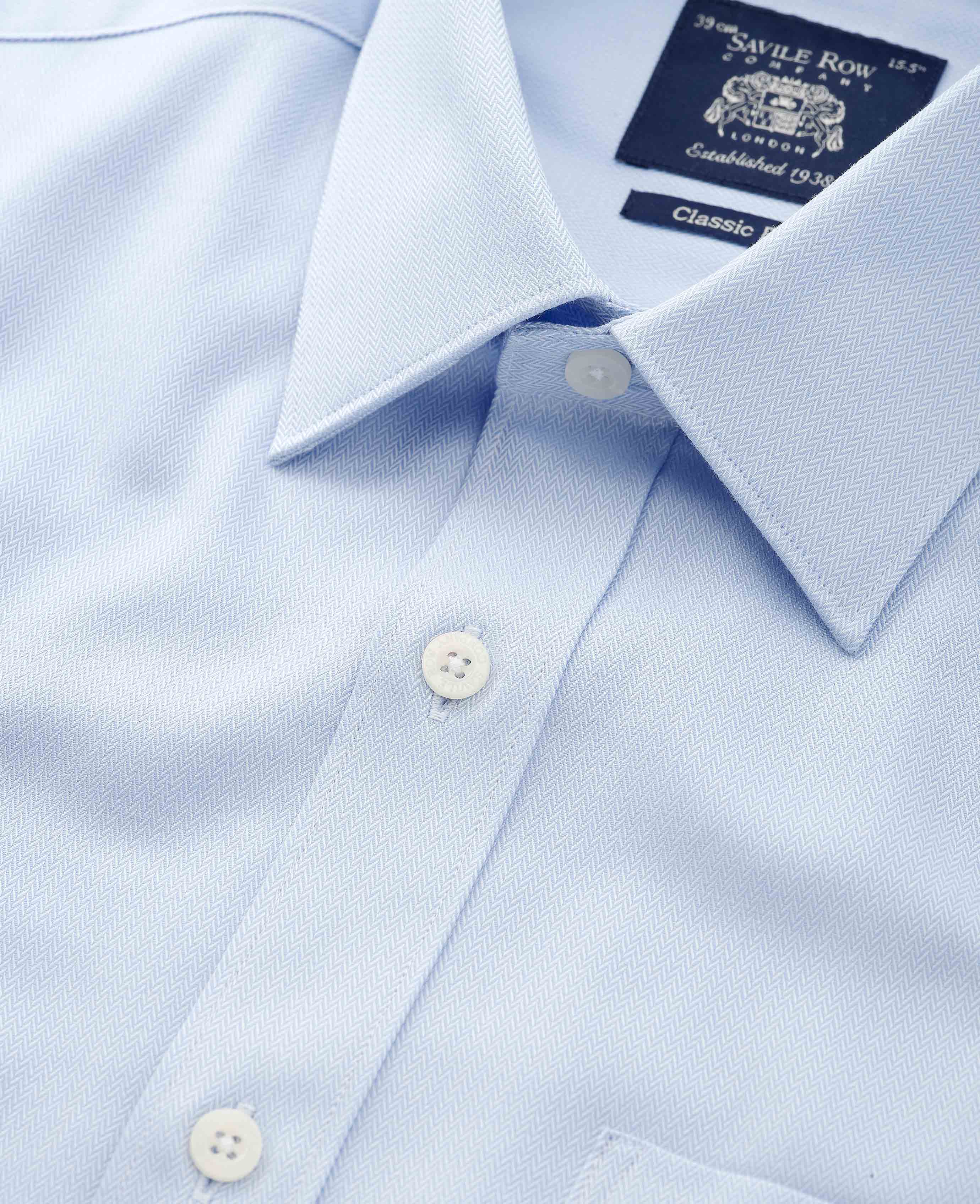Sky Blue Textured Cotton Herringbone Classic Fit Formal Shirt - Double Cuff - Image 3