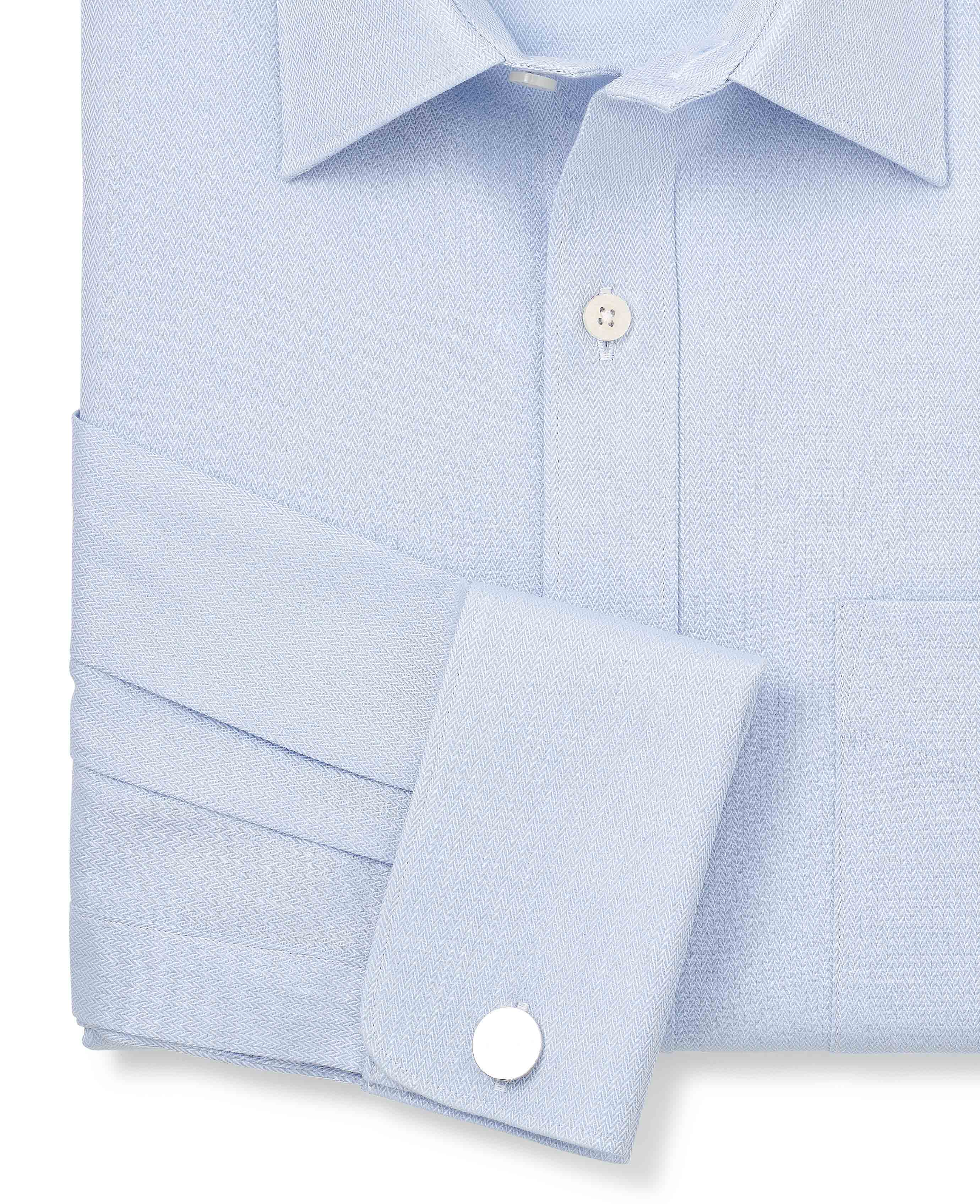 Sky Blue Textured Cotton Herringbone Classic Fit Formal Shirt - Double Cuff - Image 8