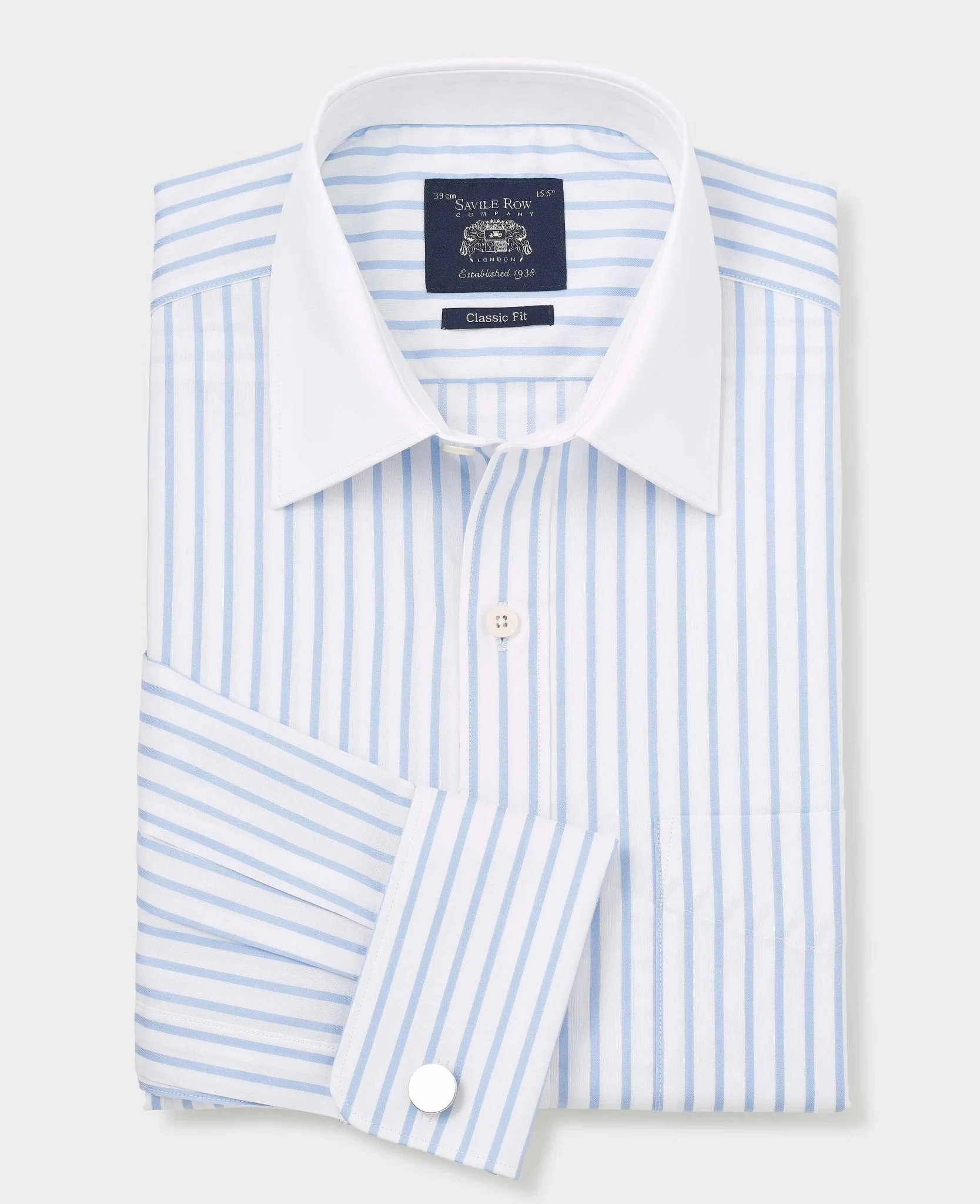 Sky Blue White Cotton Herringbone Stripe Classic Fit Winchester Formal Shirt - Double Cuff - Image 3