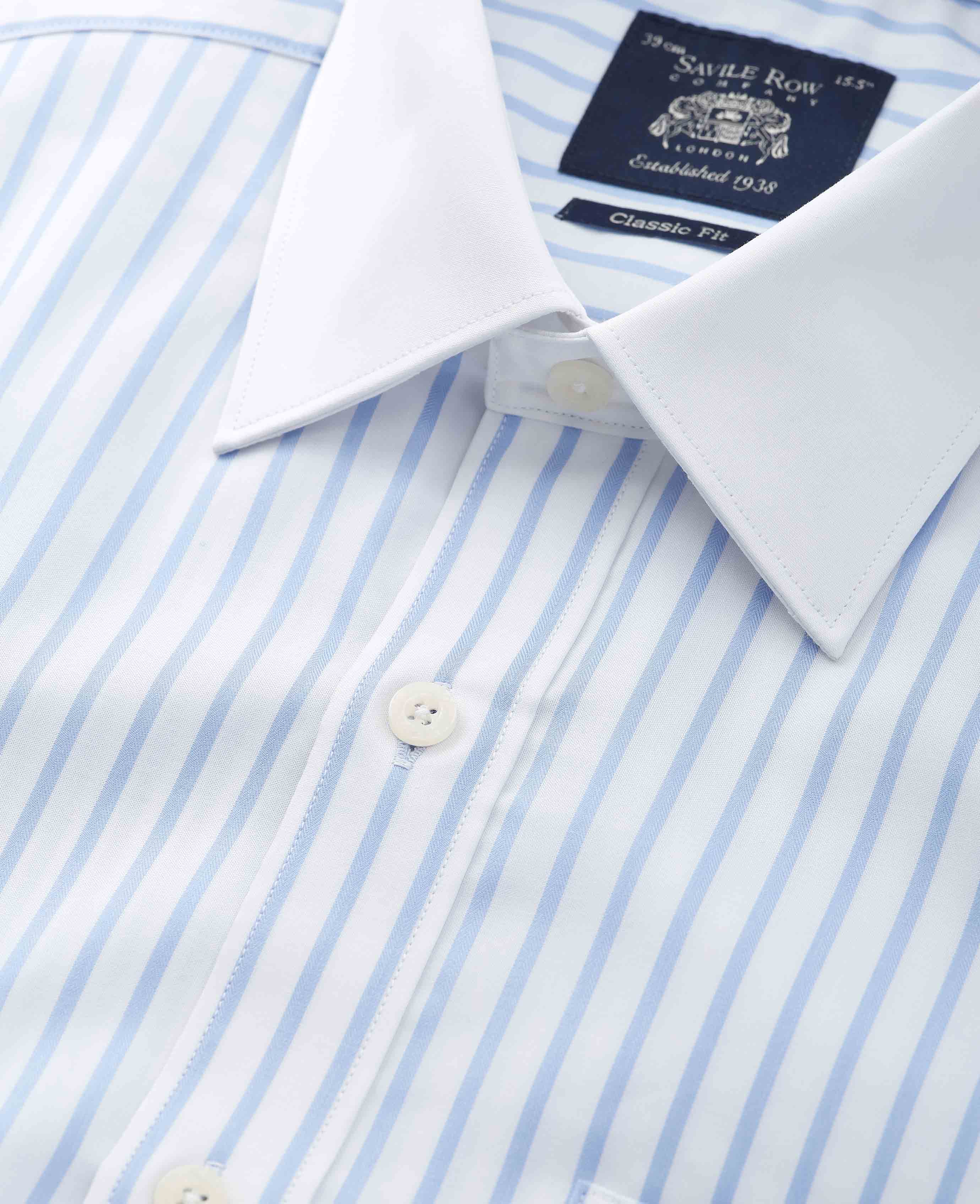 Sky Blue White Cotton Herringbone Stripe Classic Fit Winchester Formal Shirt - Double Cuff - Image 4