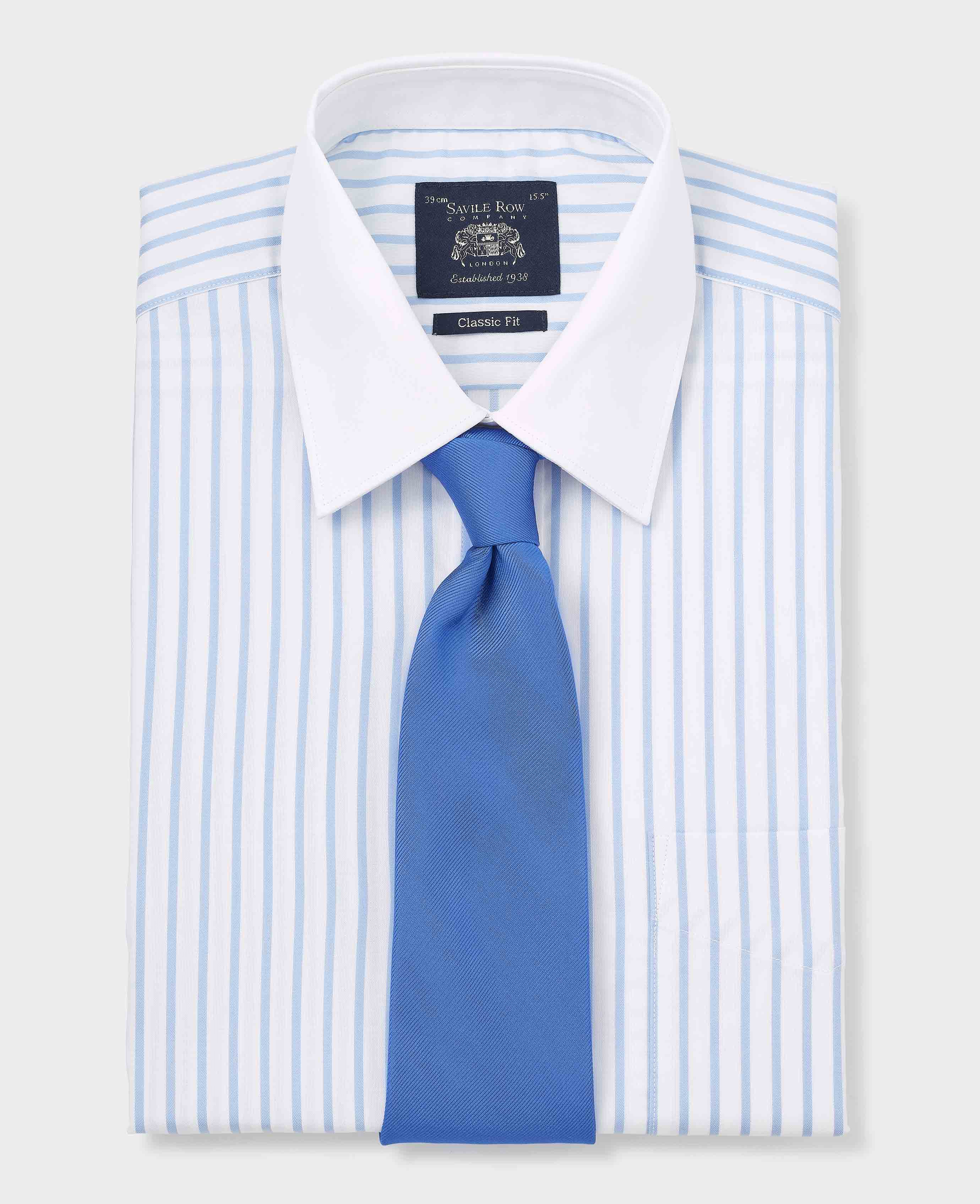 Sky Blue White Cotton Herringbone Stripe Classic Fit Winchester Formal Shirt - Double Cuff - Image 6