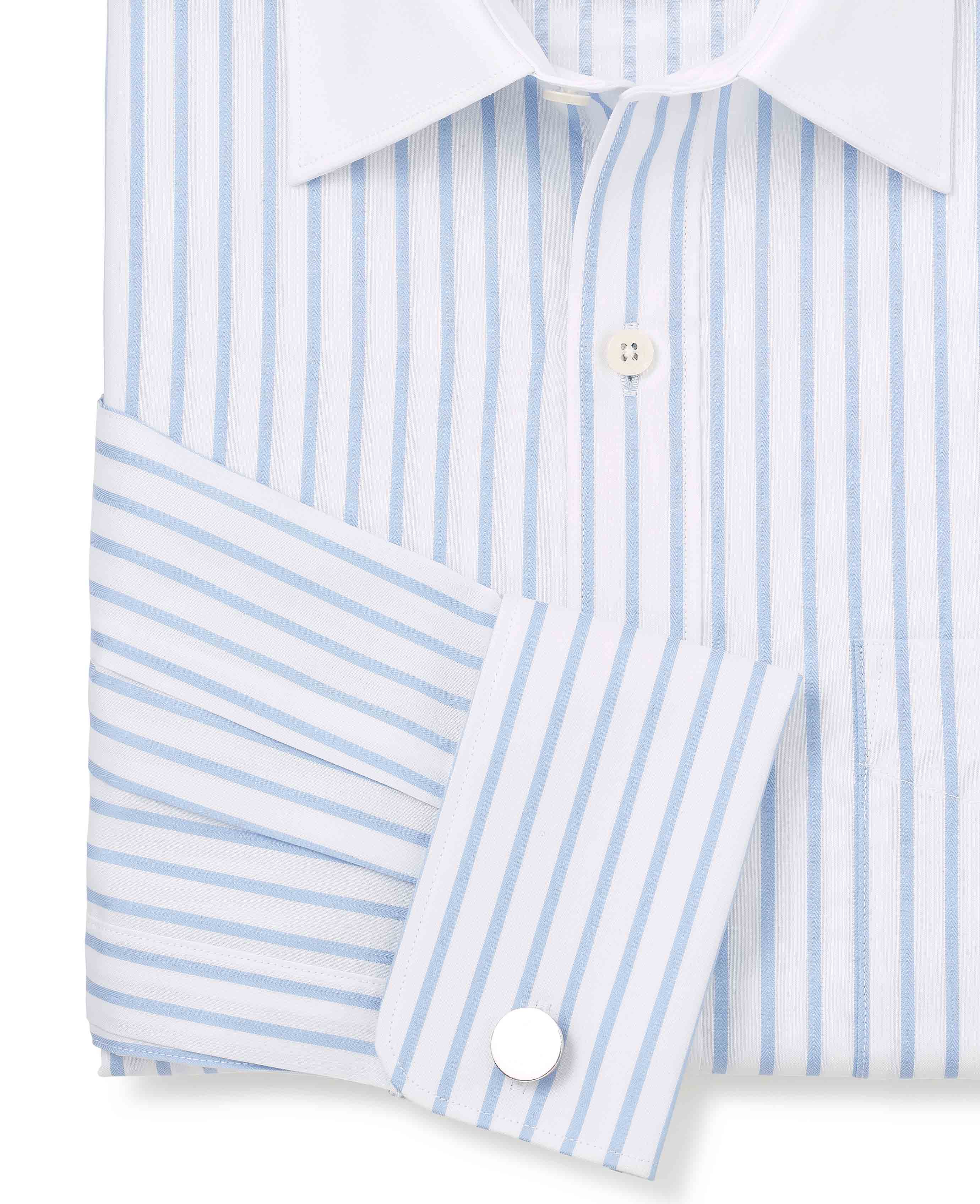 Sky Blue White Cotton Herringbone Stripe Classic Fit Winchester Formal Shirt - Double Cuff - Image 7