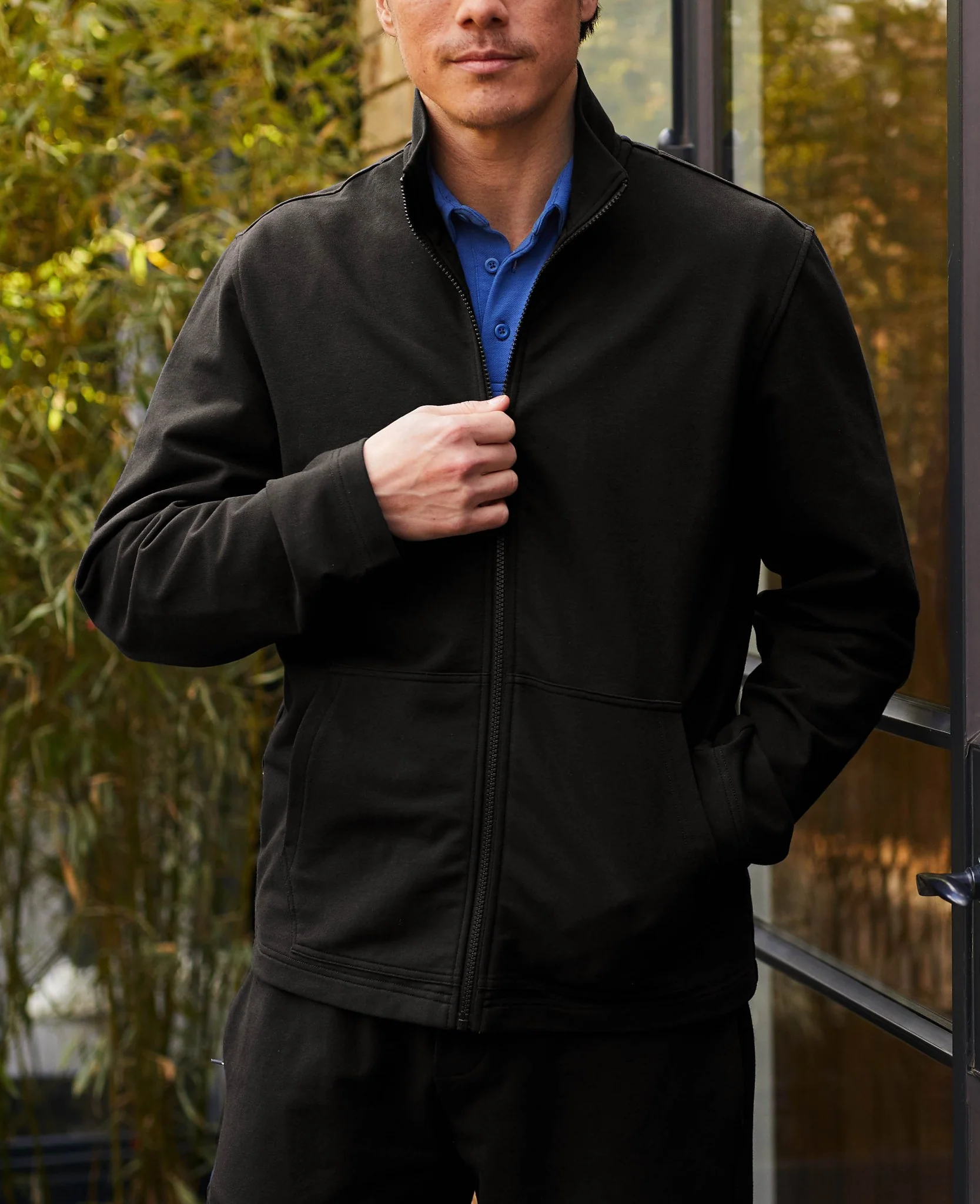 Black Stretch Cotton Blend Zip-Up Sweatshirt [RTC]